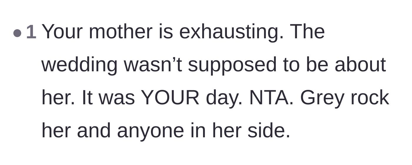 Comment thread 6 - Advice on using the 'grey rock' method to handle the mother's drama