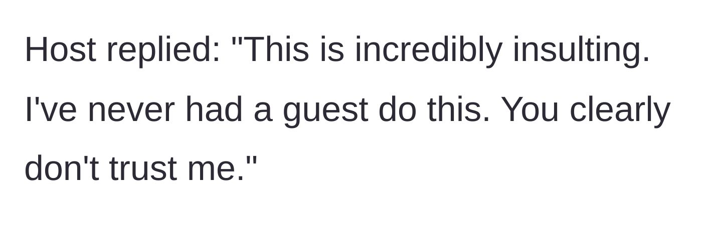 Story part 3 - The host replying with an offended message, accusing the guest of being insulting and lacking trust.