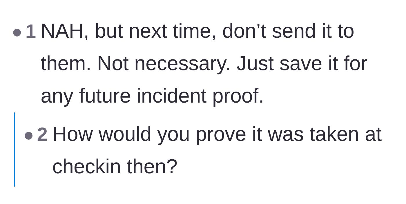 Comment thread debating whether the guest should have just emailed the video to themselves for a timestamp instead of sending it to the host.