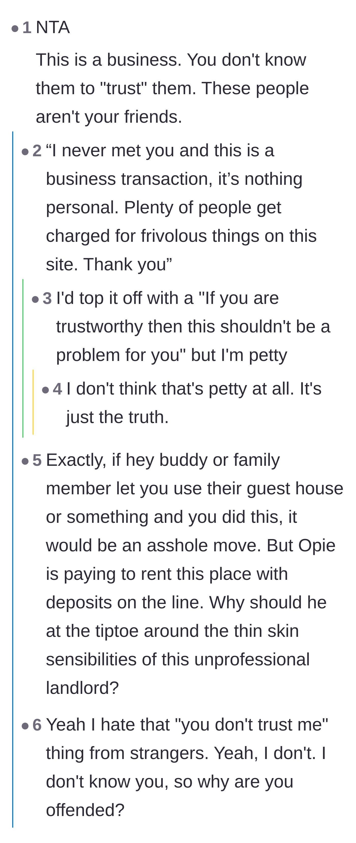 Comment thread emphasizing that the rental agreement is a business transaction with a complete stranger.