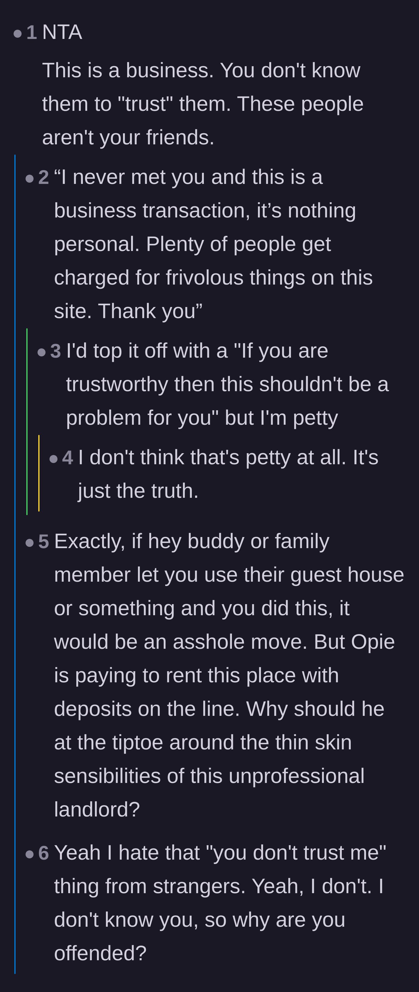 Comment thread emphasizing that the rental agreement is a business transaction with a complete stranger.