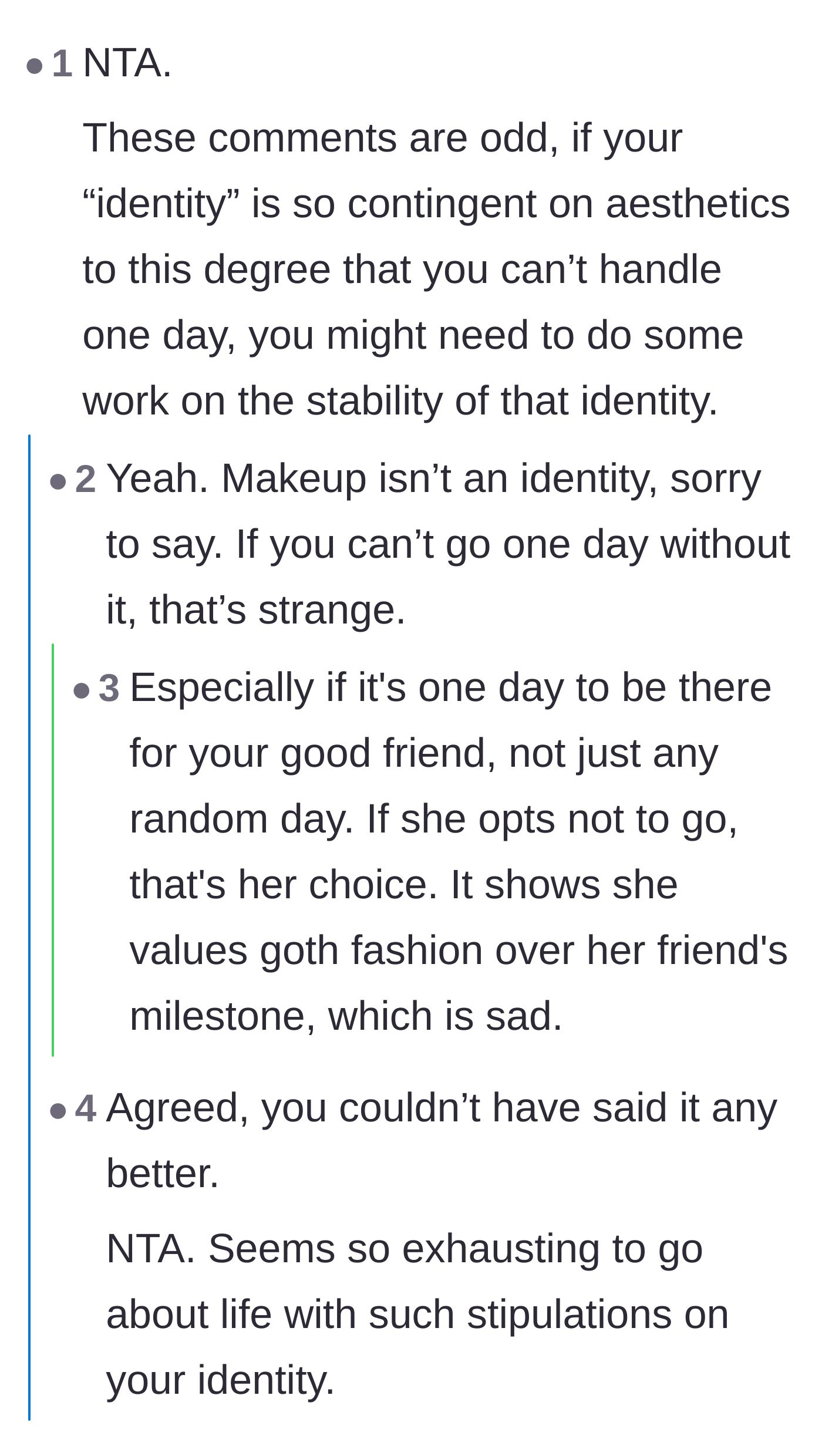 Comment thread 6 - Debating whether an aesthetic should be so deeply tied to someone's identity that they can't compromise for one day.