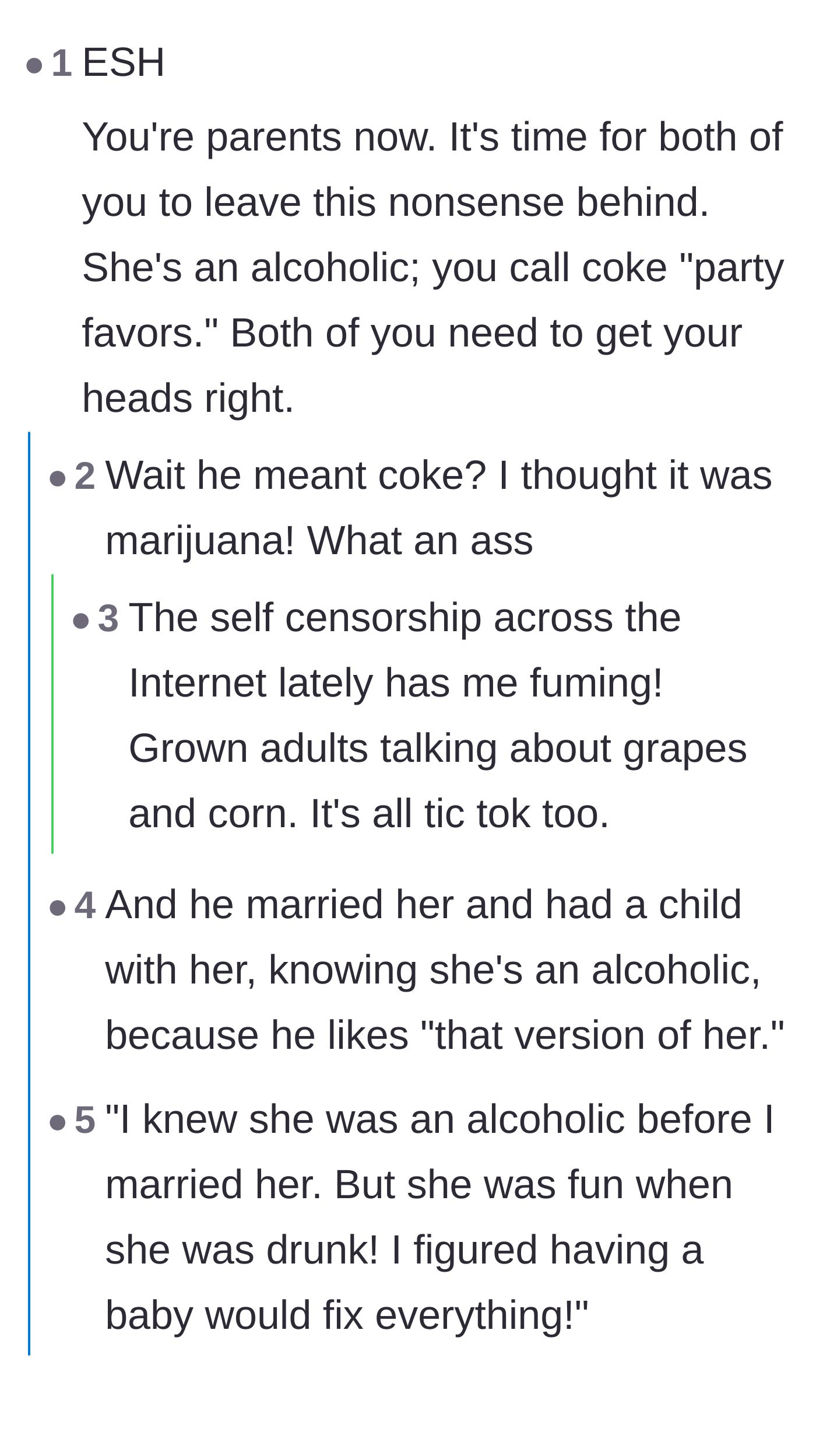 Comment thread 1 - Readers calling out both parents for their respective substance use and poor planning.