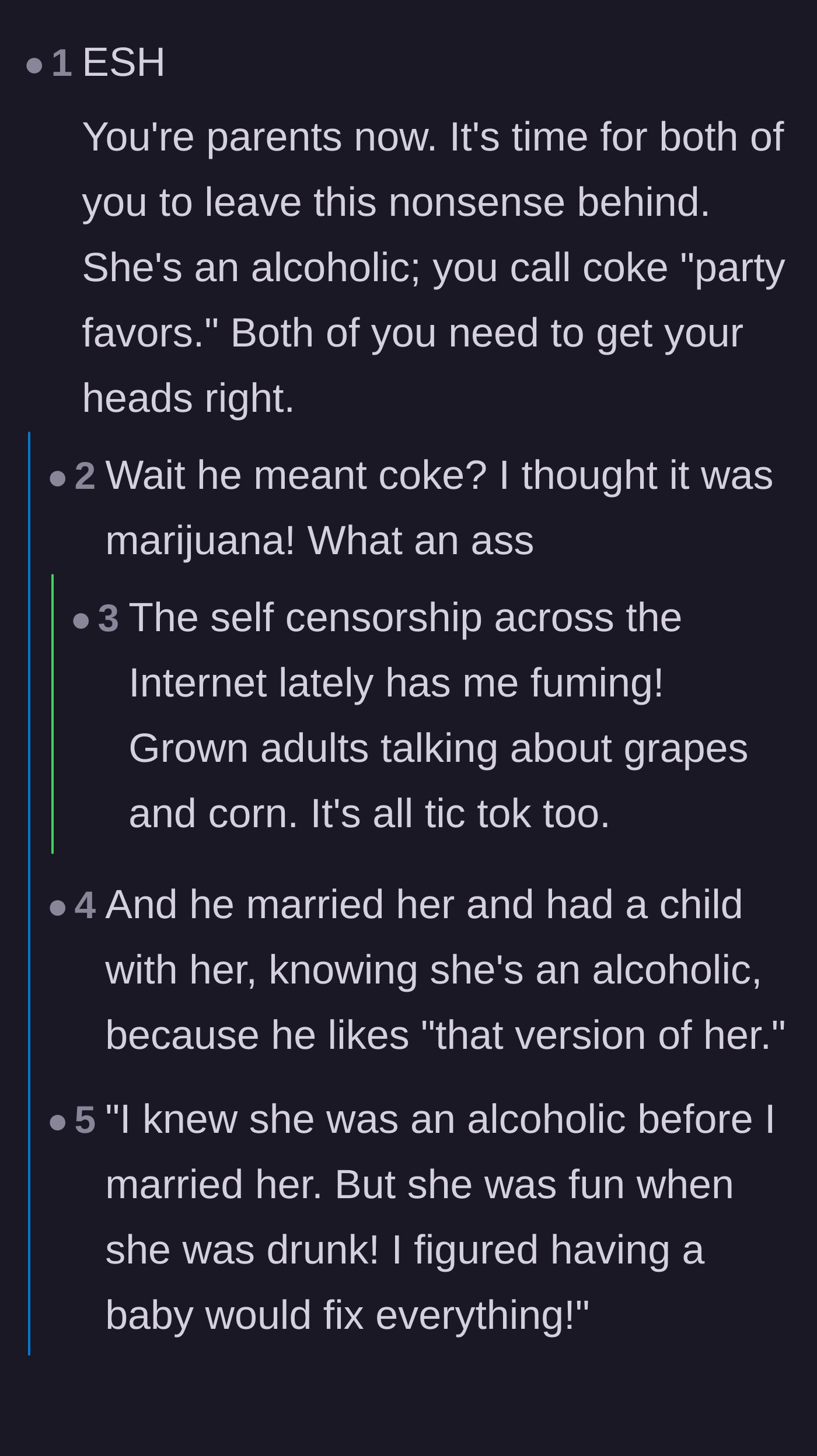 Comment thread 1 - Readers calling out both parents for their respective substance use and poor planning.