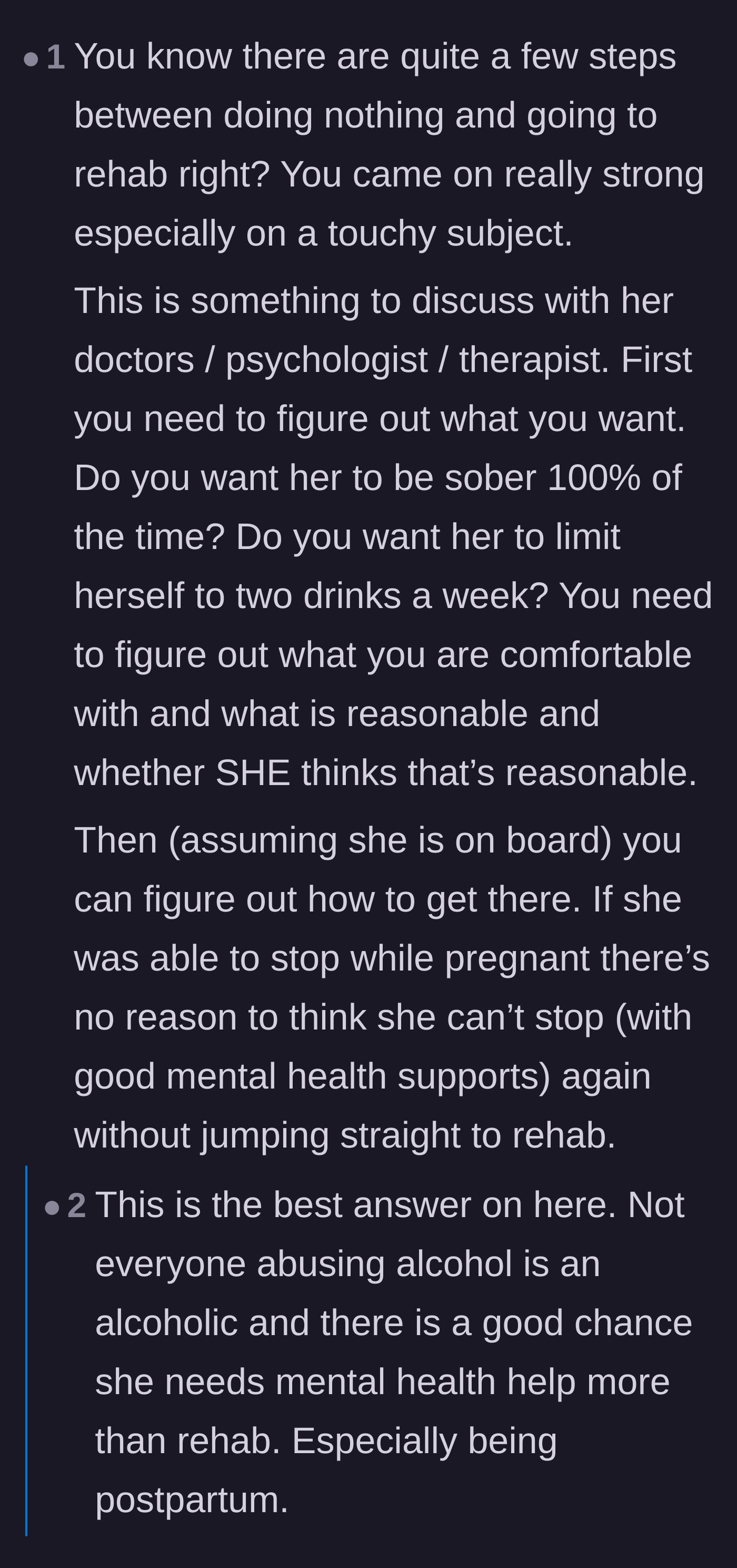 Comment thread 4 - Advice suggesting mental health support and therapy instead of jumping straight to an extreme rehab ultimatum.