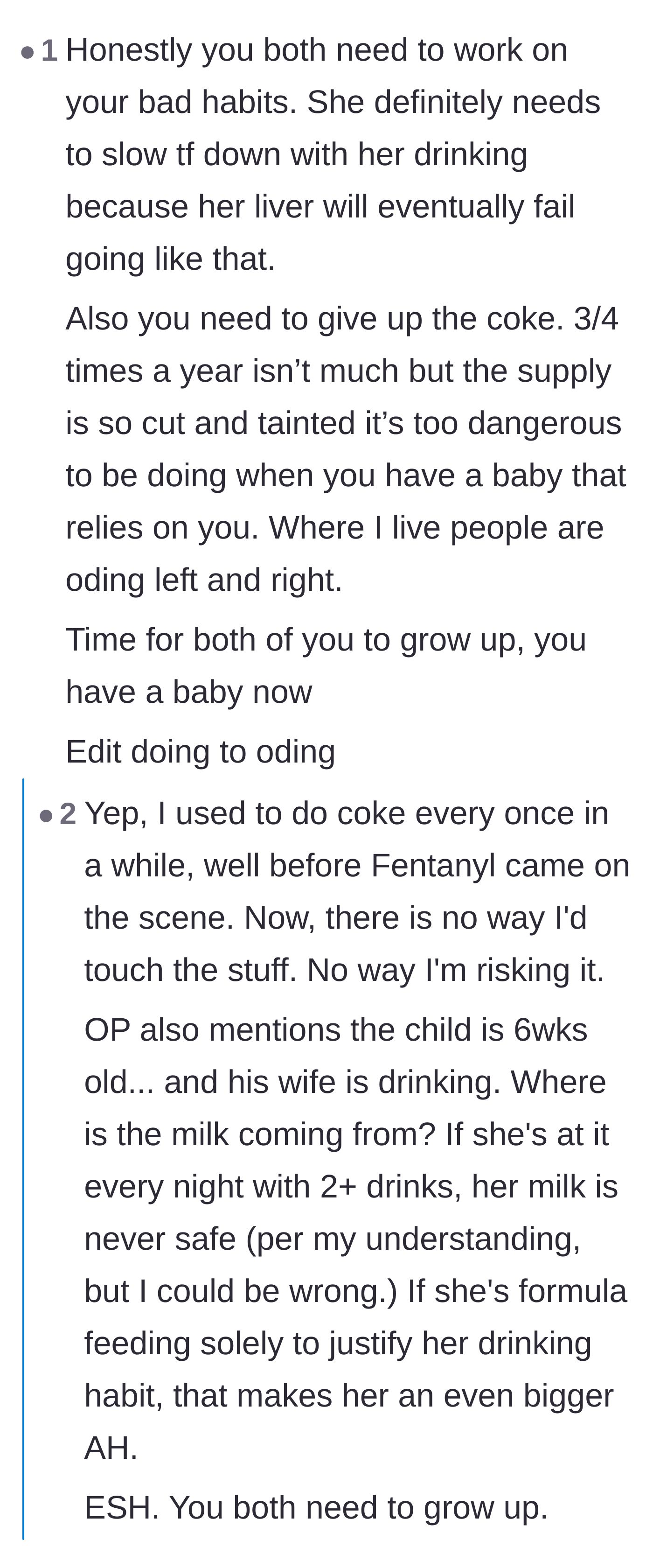 Comment thread 5 - Warnings about the life-threatening dangers of casual drug use and drinking around a vulnerable newborn.
