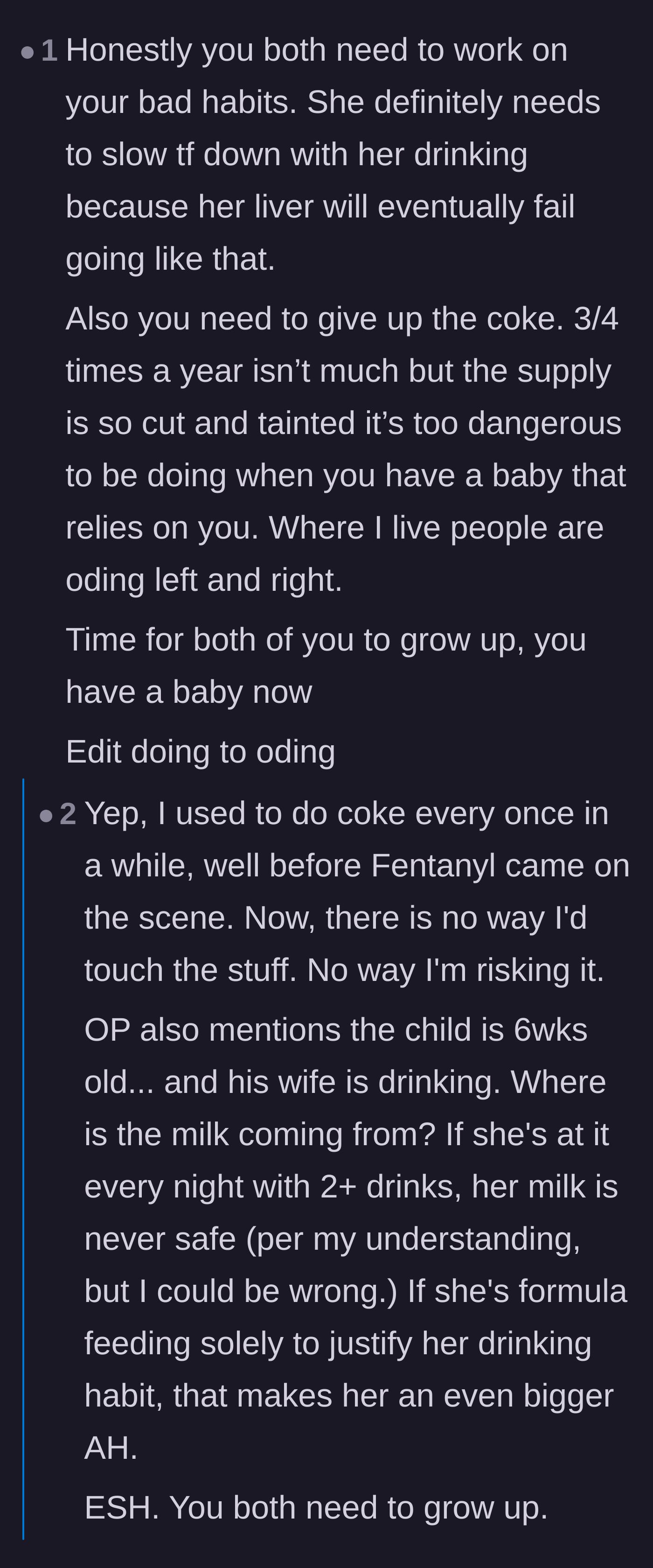 Comment thread 5 - Warnings about the life-threatening dangers of casual drug use and drinking around a vulnerable newborn.