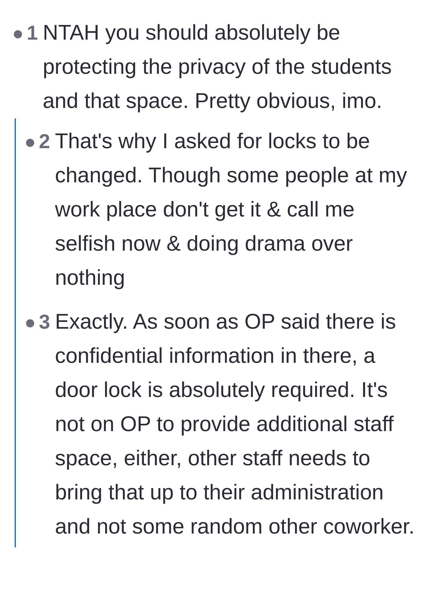 Comment thread 1 - Discussion about the legal necessity of locking up confidential student information rather than providing a staff lounge.