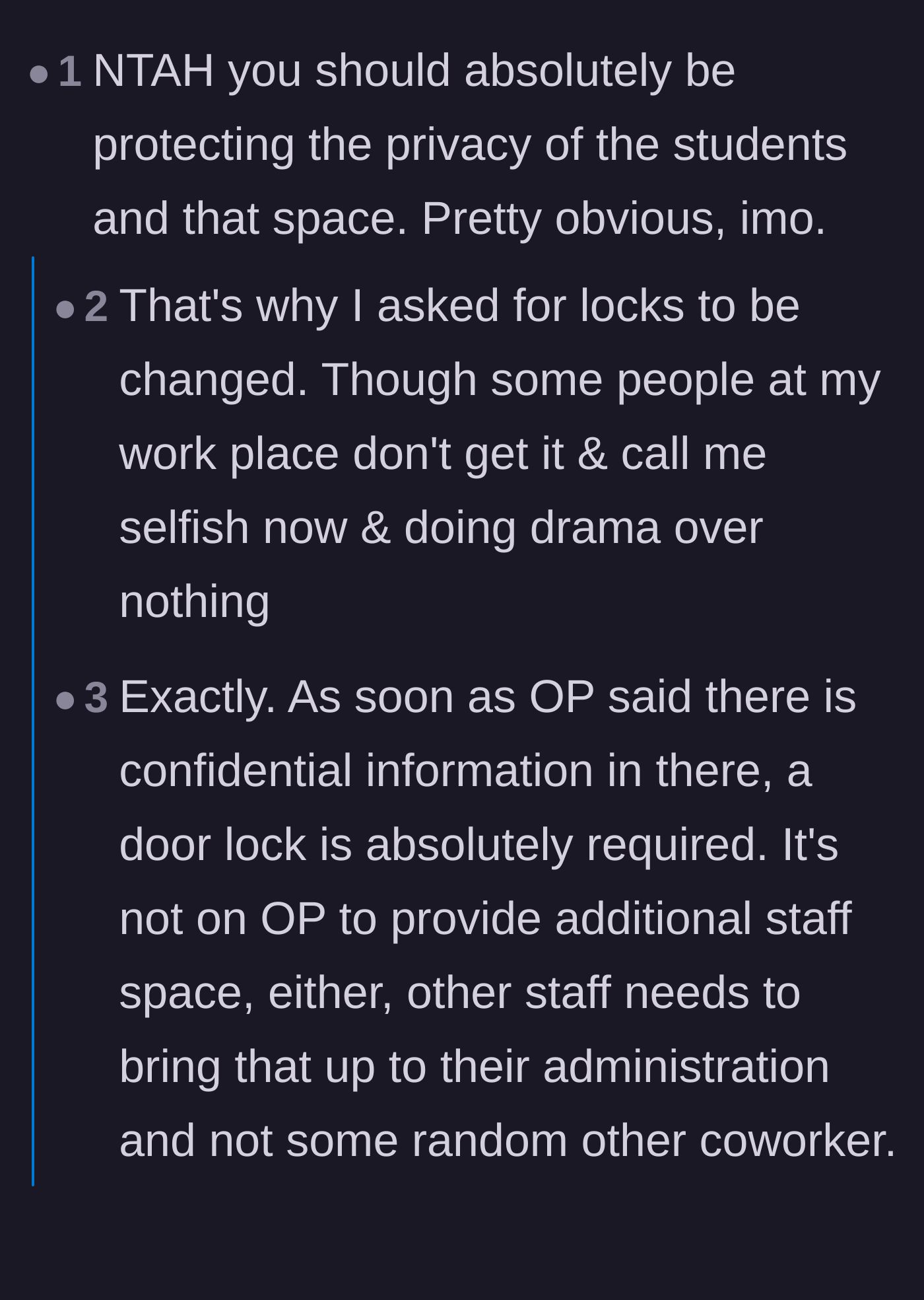 Comment thread 1 - Discussion about the legal necessity of locking up confidential student information rather than providing a staff lounge.