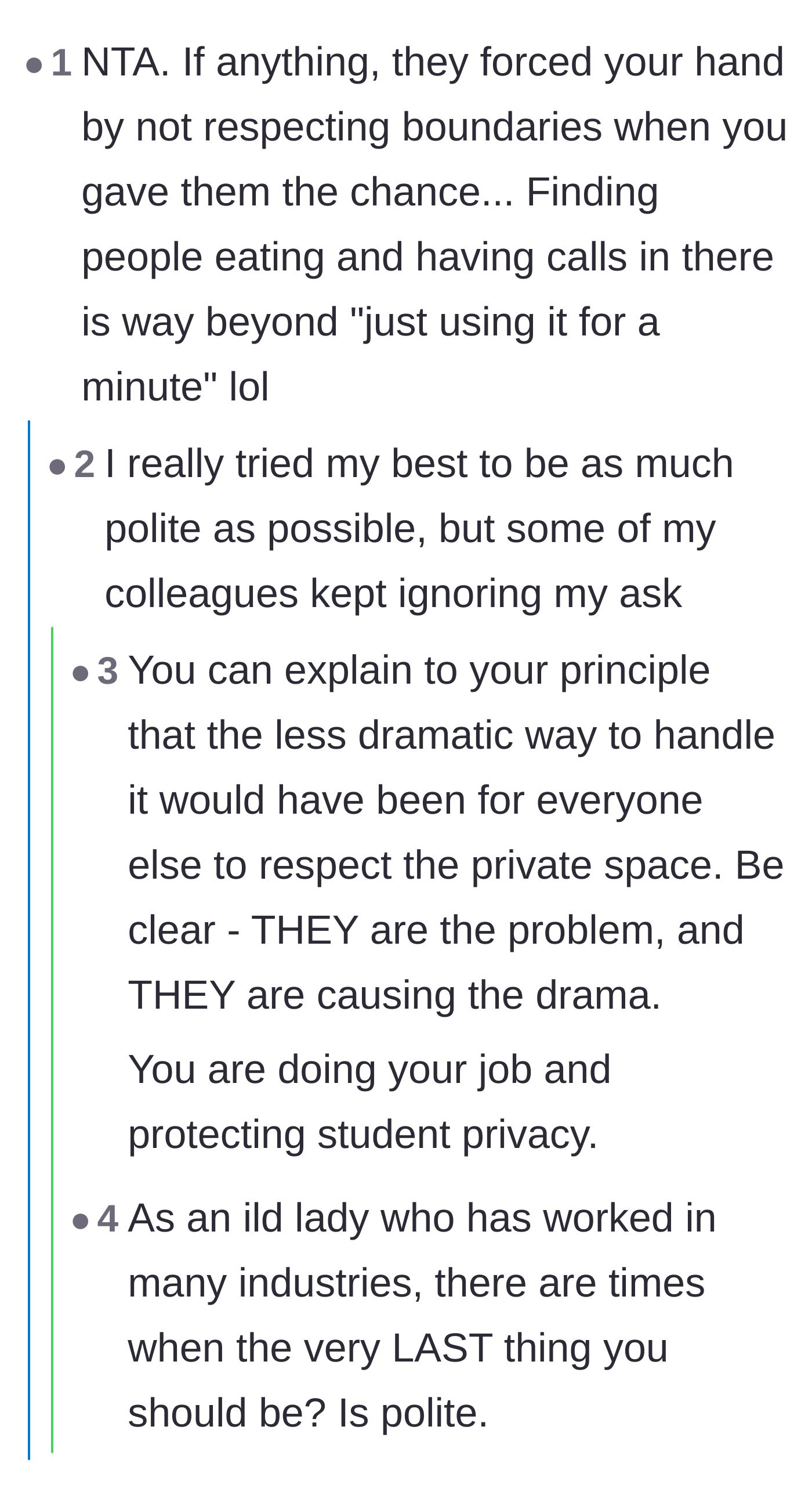 Comment thread 2 - Readers arguing that the coworkers forced the lock change by repeatedly ignoring the counselor's polite requests.