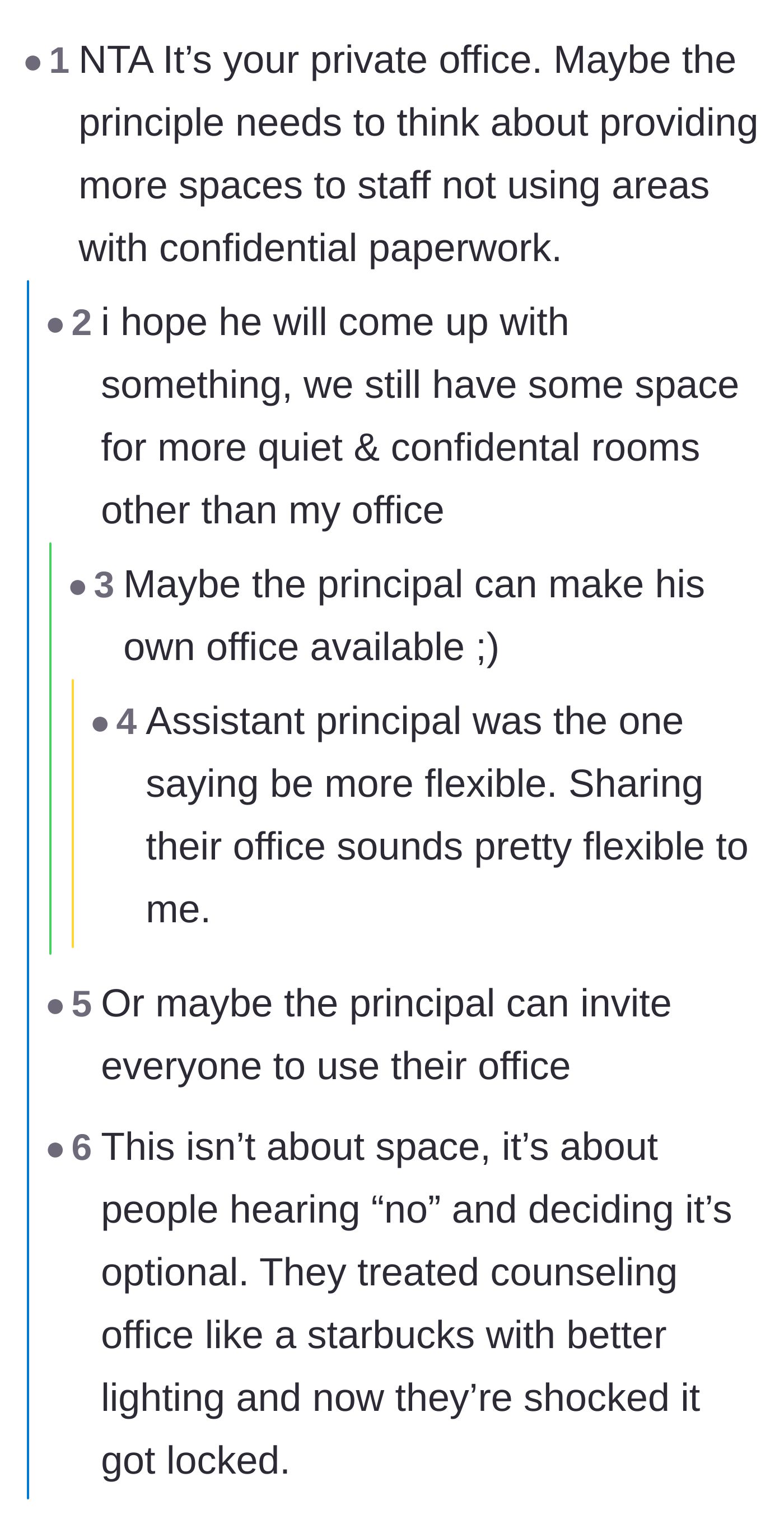 Comment thread 3 - Suggestions that the principal and assistant principal should offer up their own offices to the staff.