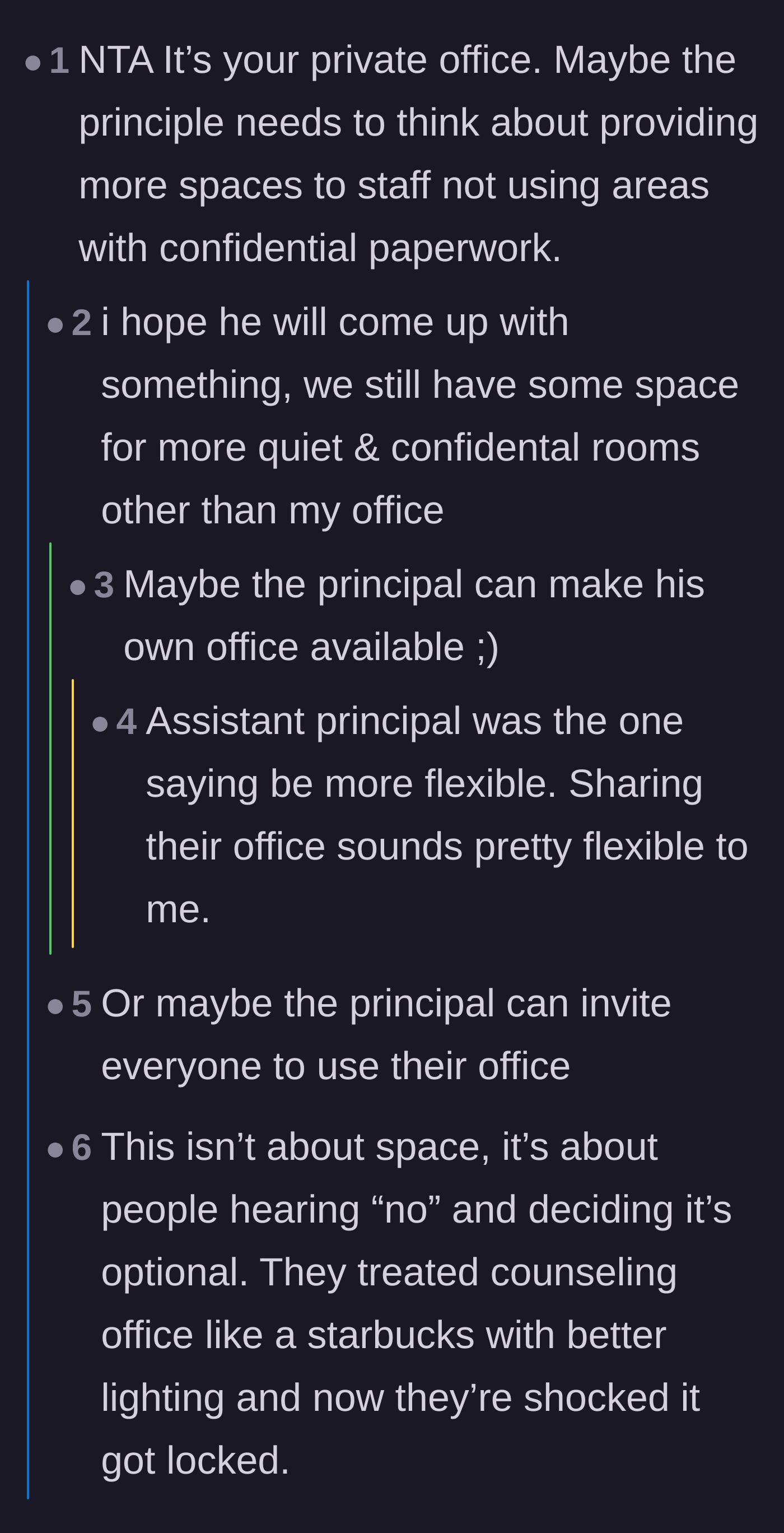 Comment thread 3 - Suggestions that the principal and assistant principal should offer up their own offices to the staff.