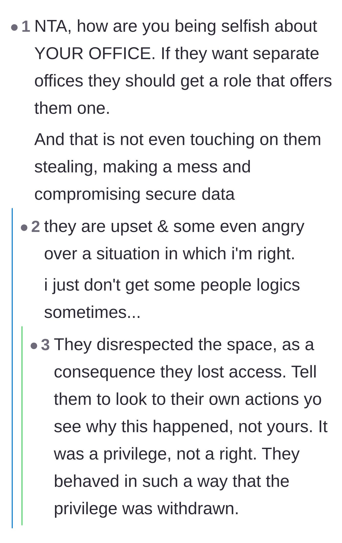 Comment thread 4 - Comments framing the office access as a privilege that was revoked due to the staff's bad behavior and mess.