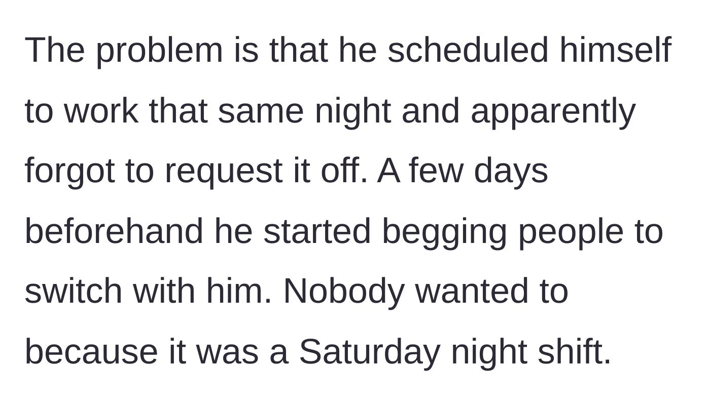 Story part 2 - Mark desperately asking the restaurant staff to cover his Saturday night shift