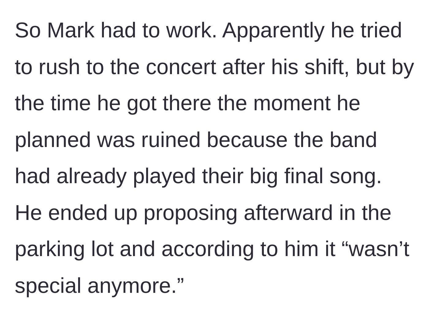 Story part 4 - Mark proposing to his girlfriend in a bleak, empty concert parking lot
