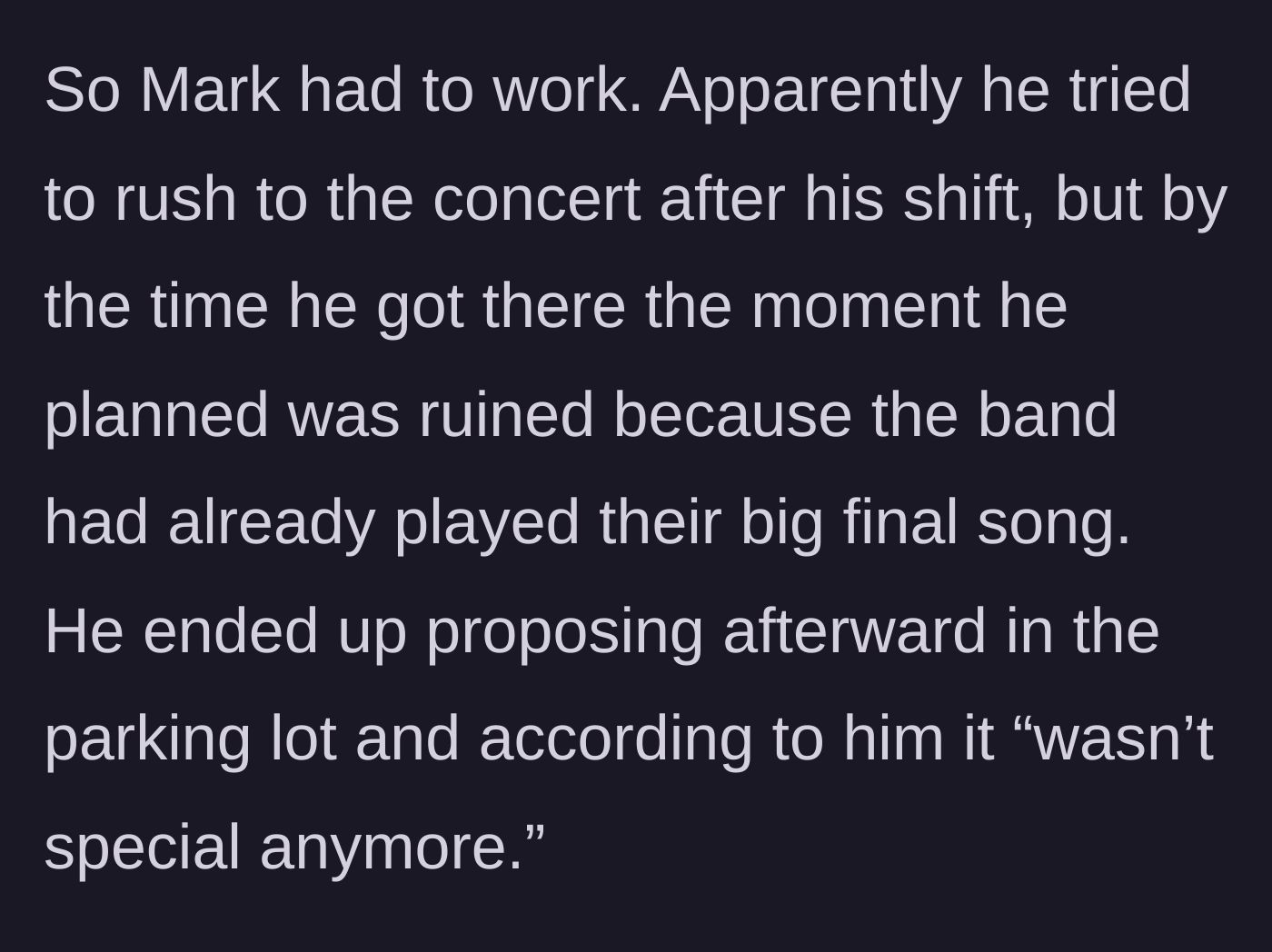 Story part 4 - Mark proposing to his girlfriend in a bleak, empty concert parking lot