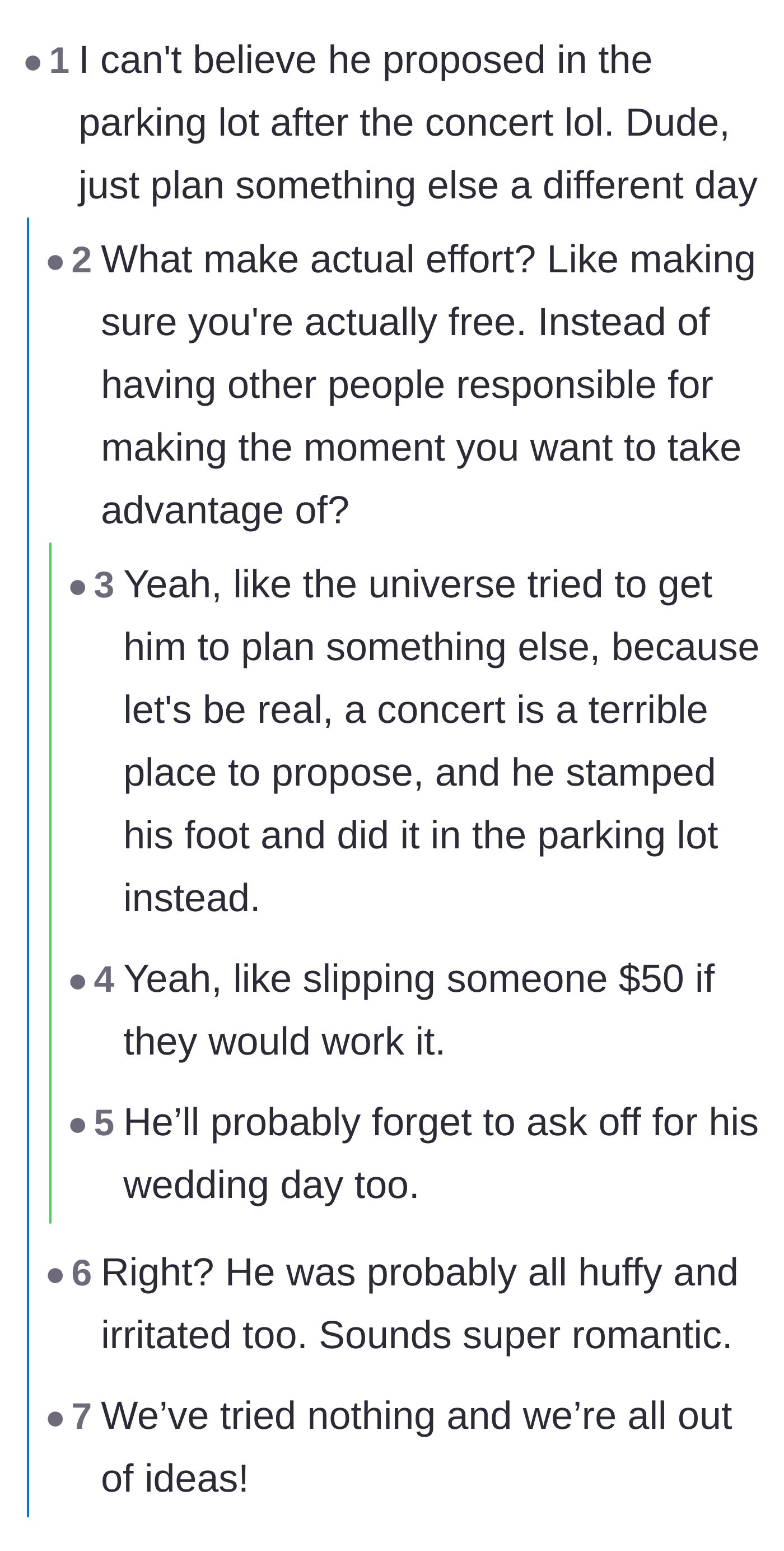 Comment thread 1 - Readers mocking Mark for forcing the proposal in a parking lot instead of rescheduling.