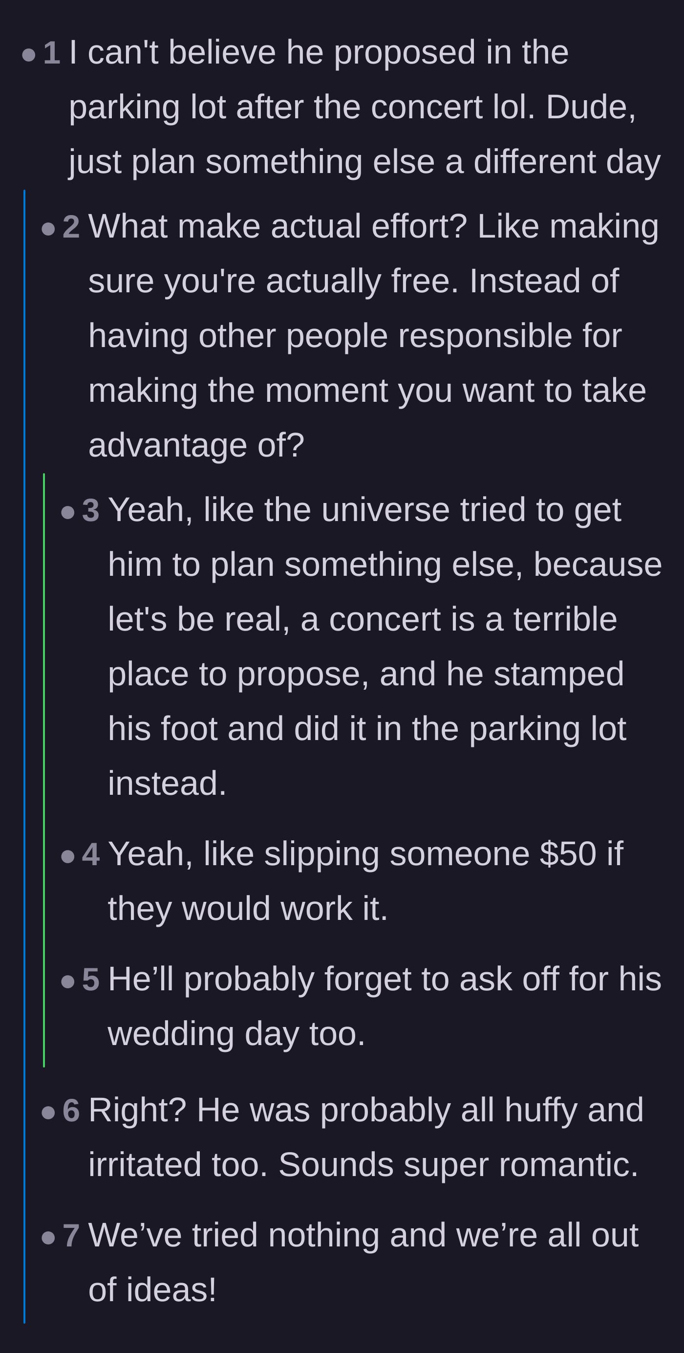 Comment thread 1 - Readers mocking Mark for forcing the proposal in a parking lot instead of rescheduling.