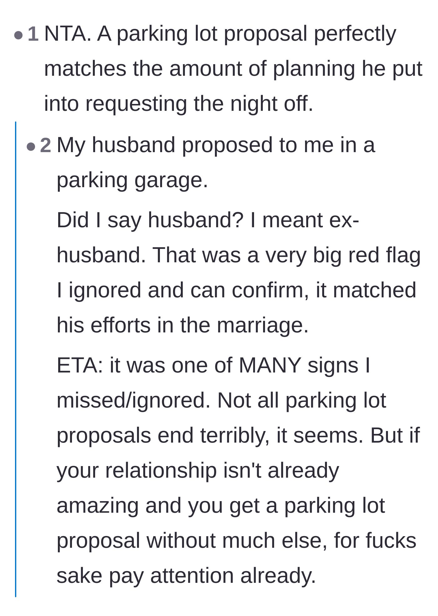 Comment thread 2 - A user sharing how a lazy parking lot proposal foreshadowed their failed marriage.