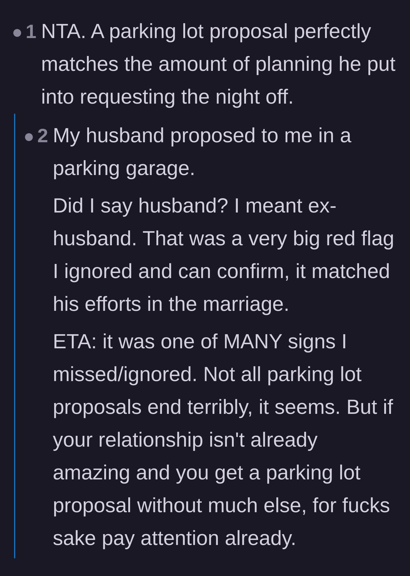 Comment thread 2 - A user sharing how a lazy parking lot proposal foreshadowed their failed marriage.