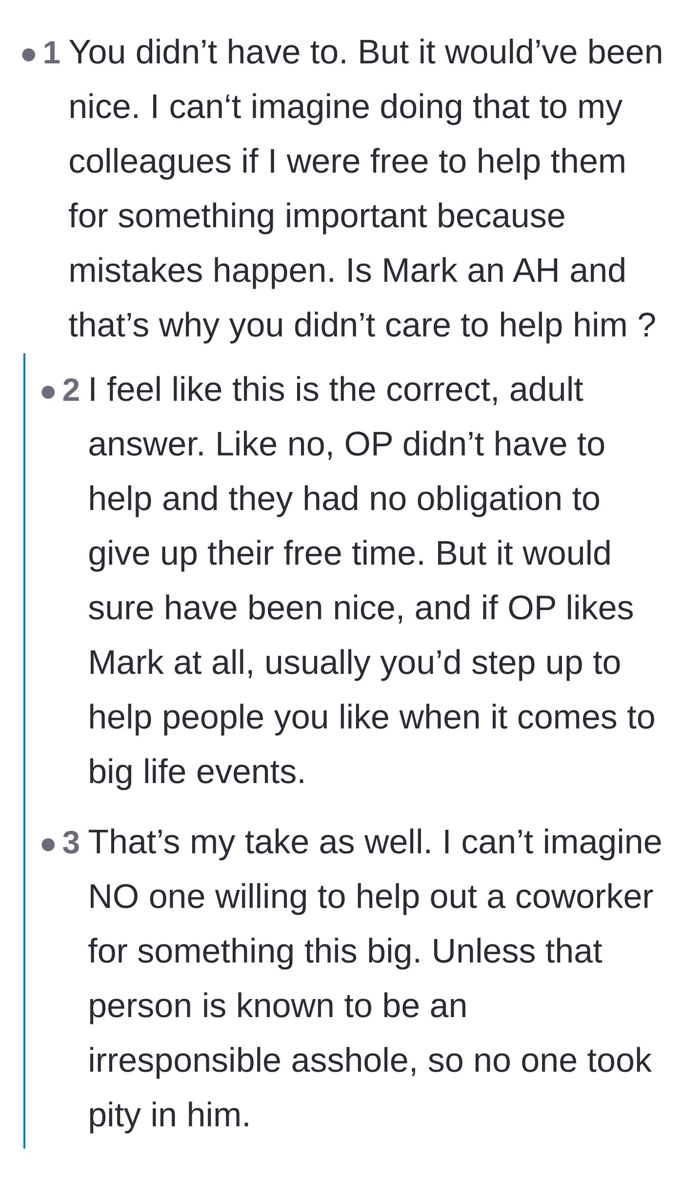 Comment thread 3 - Debate over whether coworkers should step up for big life events as a courtesy.