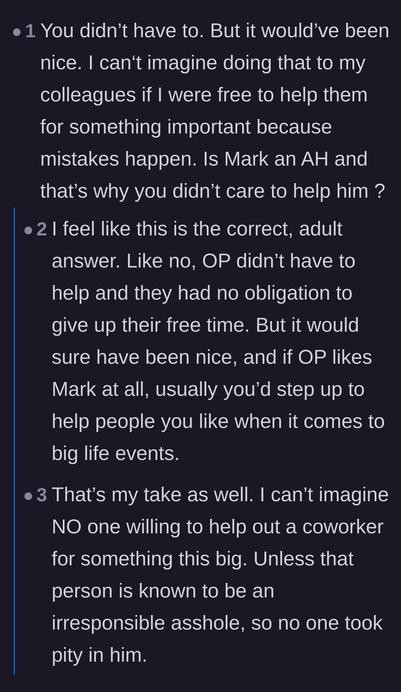 Comment thread 3 - Debate over whether coworkers should step up for big life events as a courtesy.