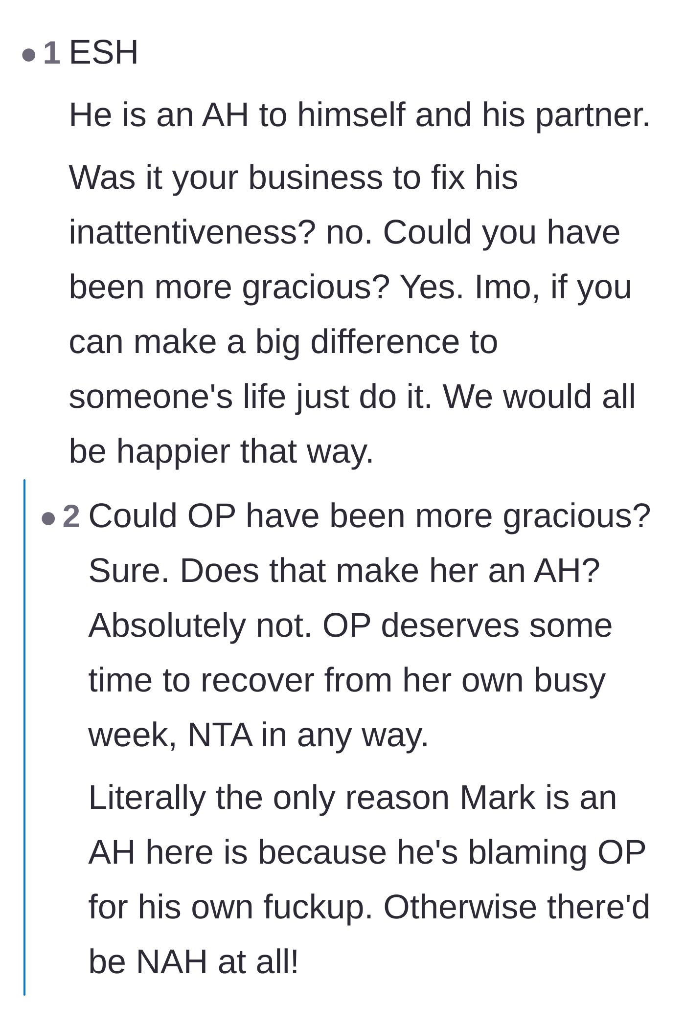 Comment thread 6 - Discussion on whether the main character lacked grace and the coworker's misplaced blame.