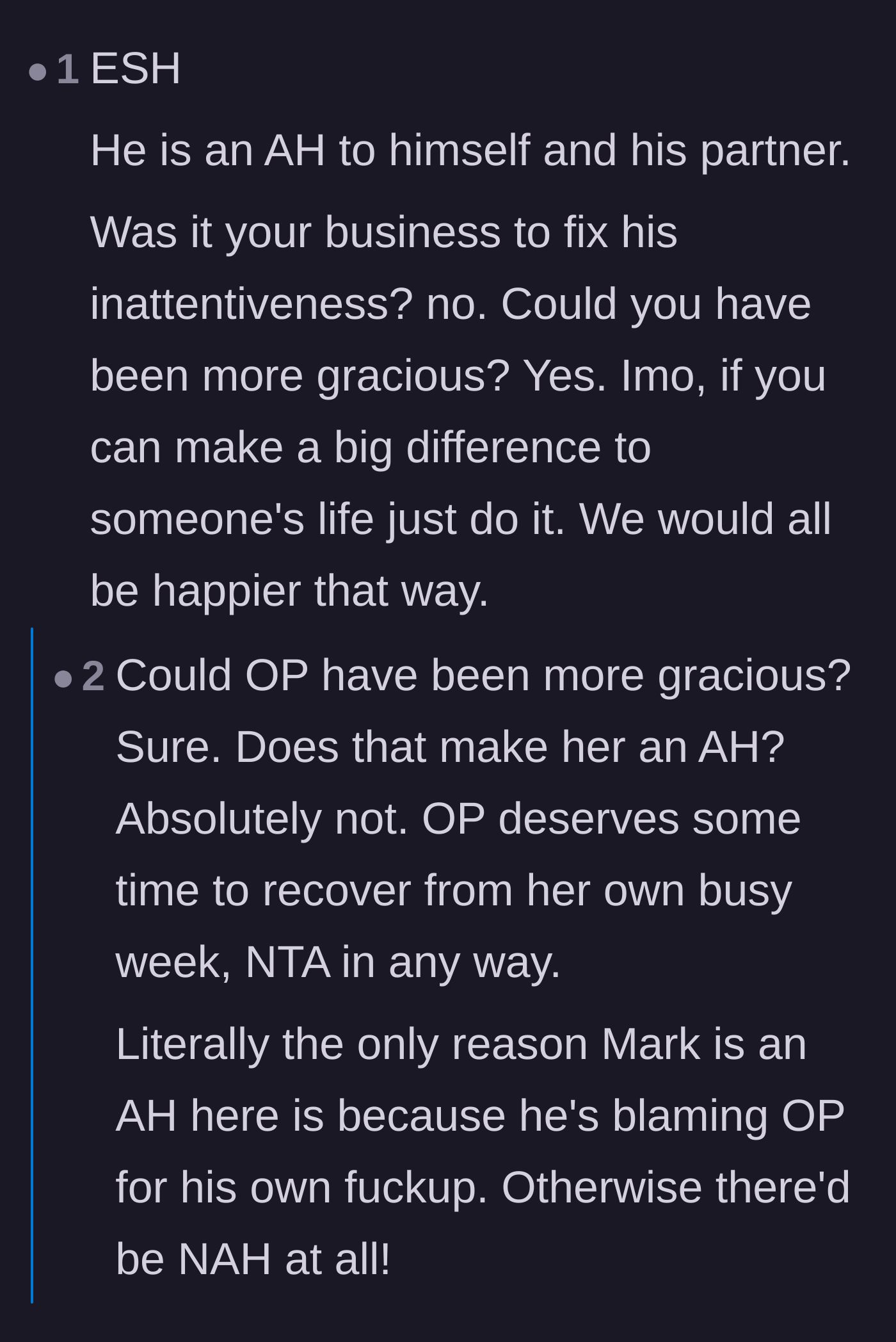 Comment thread 6 - Discussion on whether the main character lacked grace and the coworker's misplaced blame.