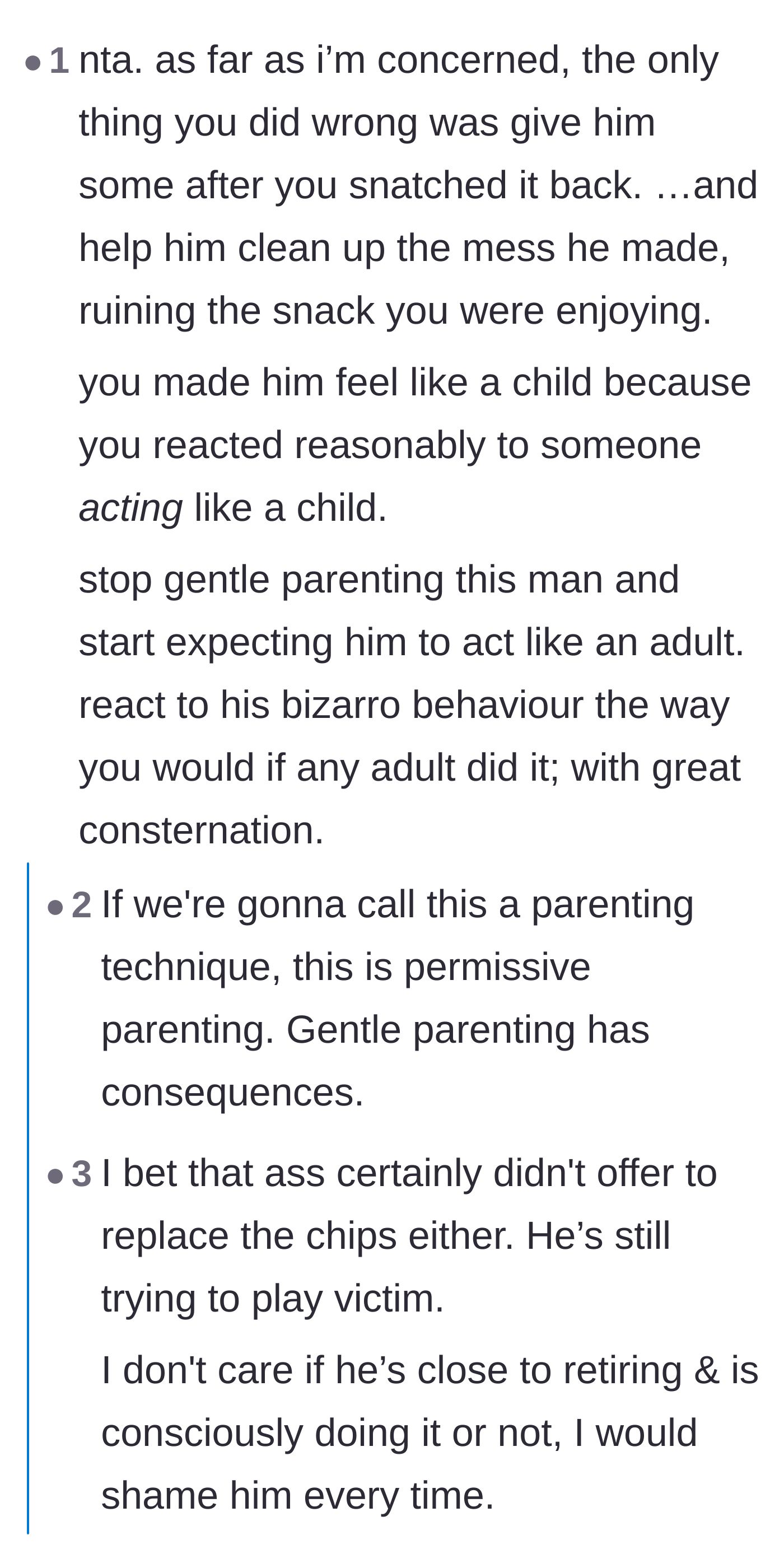Comment thread 3 - Debating the merits of 'gentle parenting' an adult man in the workplace.