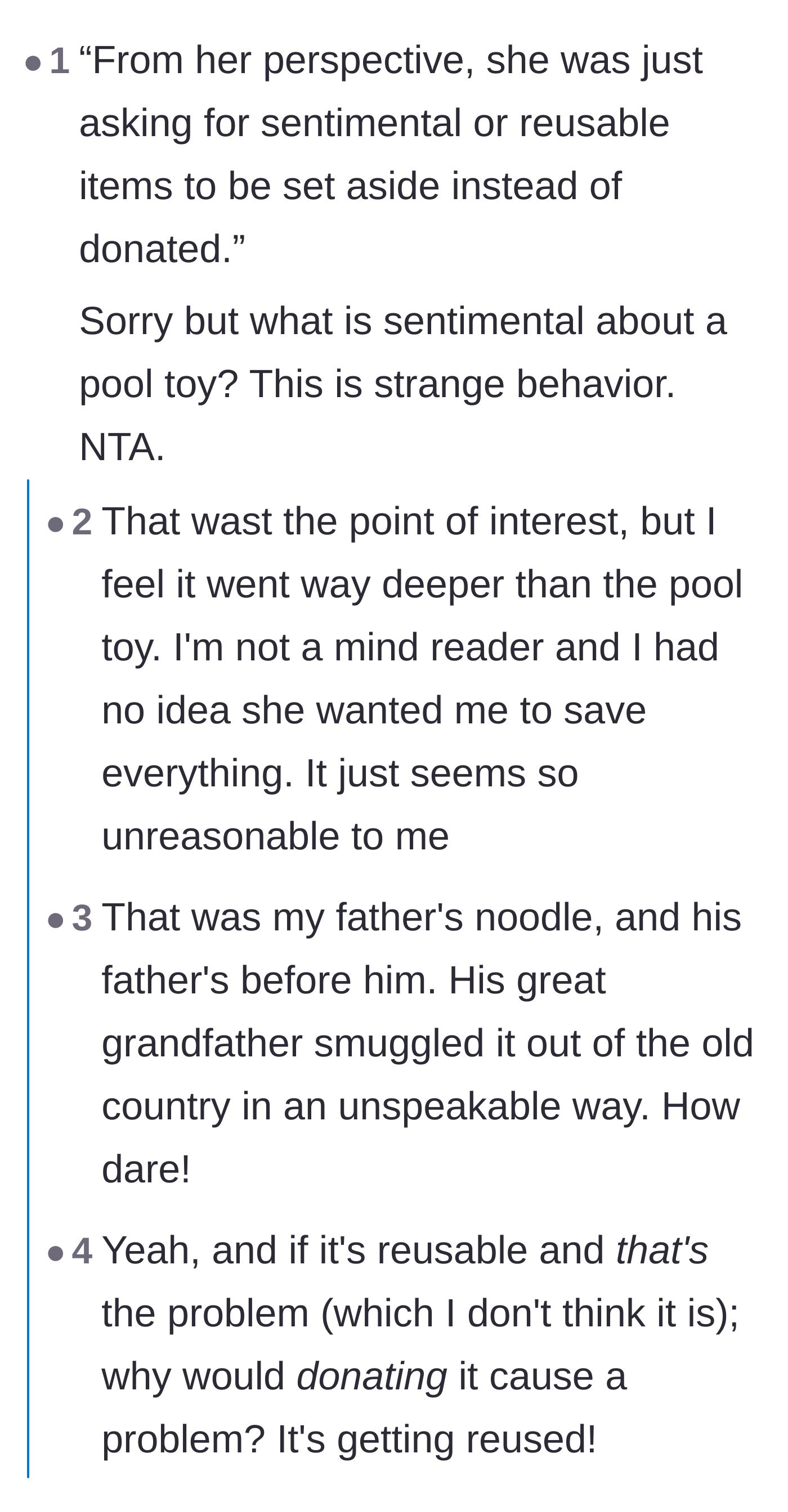 Comment thread 1 - Readers poking fun at the absurdity of a pool toy being considered sentimental.