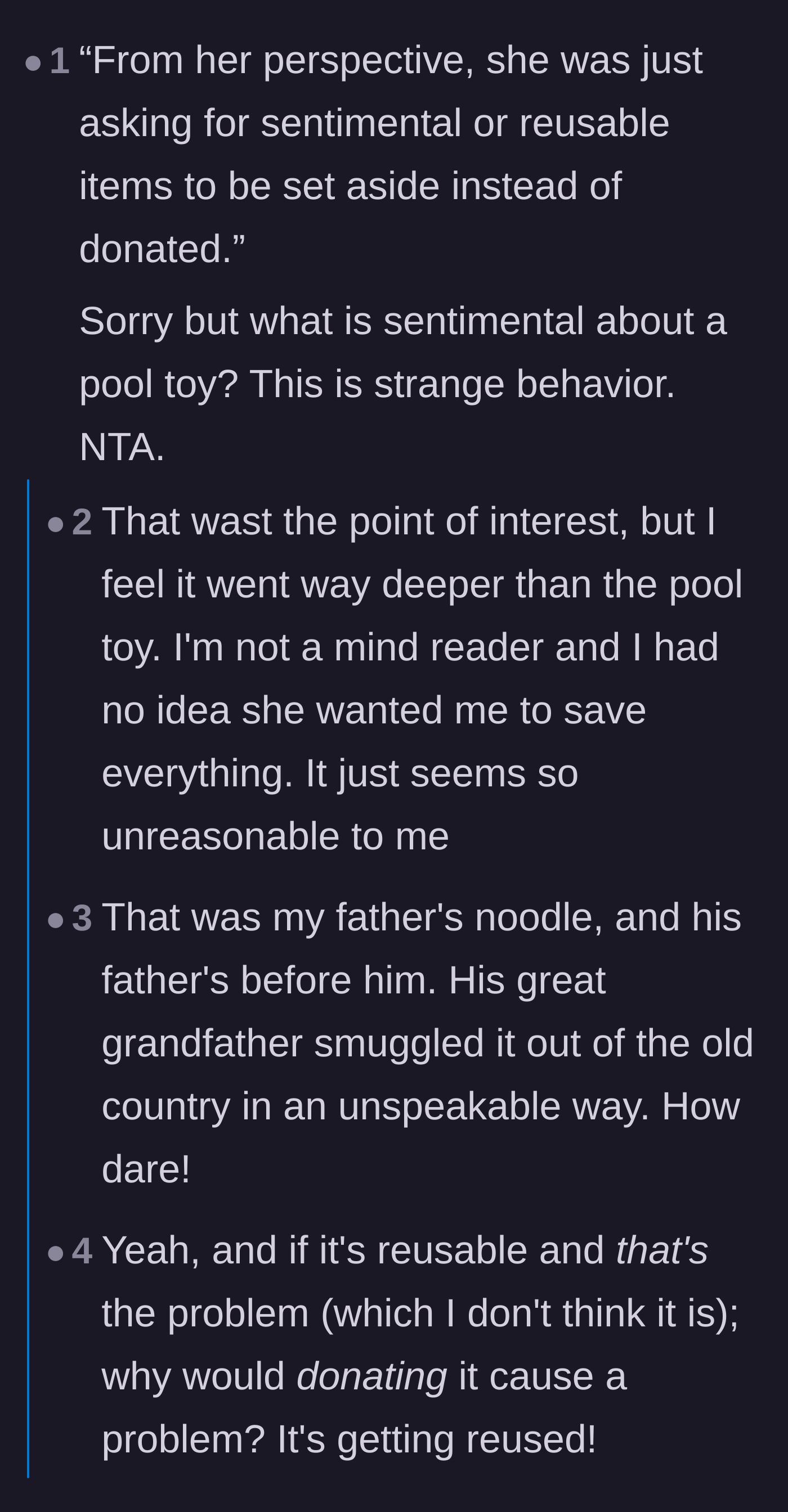 Comment thread 1 - Readers poking fun at the absurdity of a pool toy being considered sentimental.