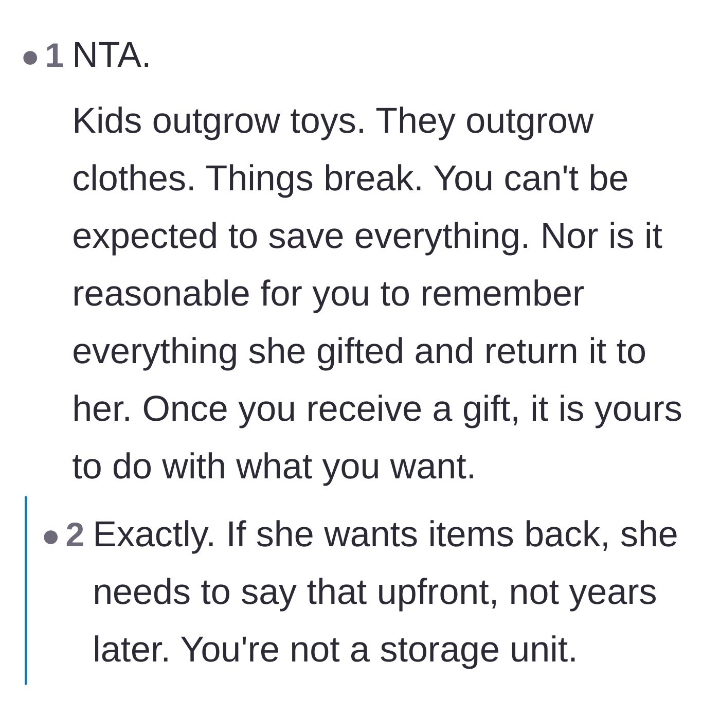 Comment thread 2 - Discussion about how children outgrow items and parents aren't meant to be storage units.
