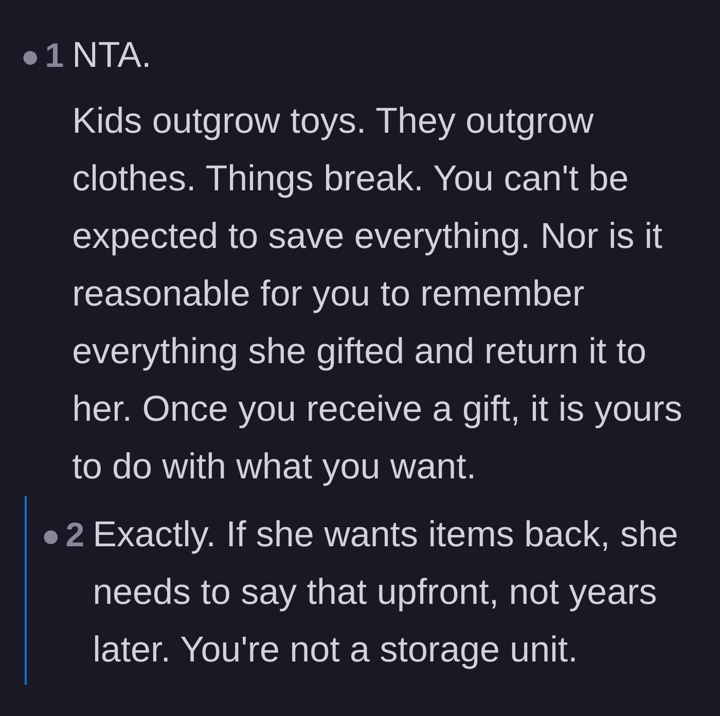 Comment thread 2 - Discussion about how children outgrow items and parents aren't meant to be storage units.