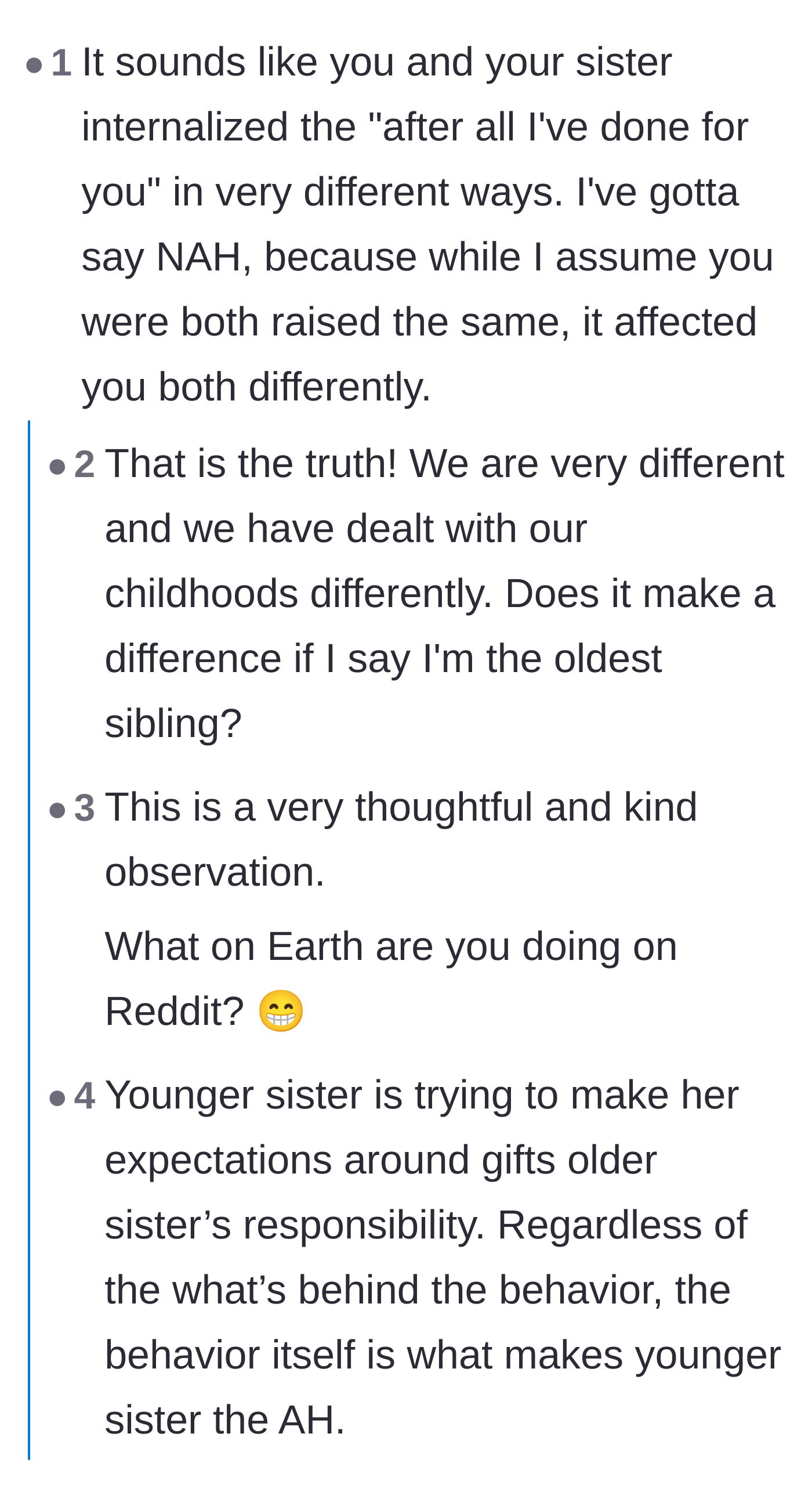 Comment thread 5 - A deep dive into how both sisters internalized their parents' toxic behavior in completely different ways.