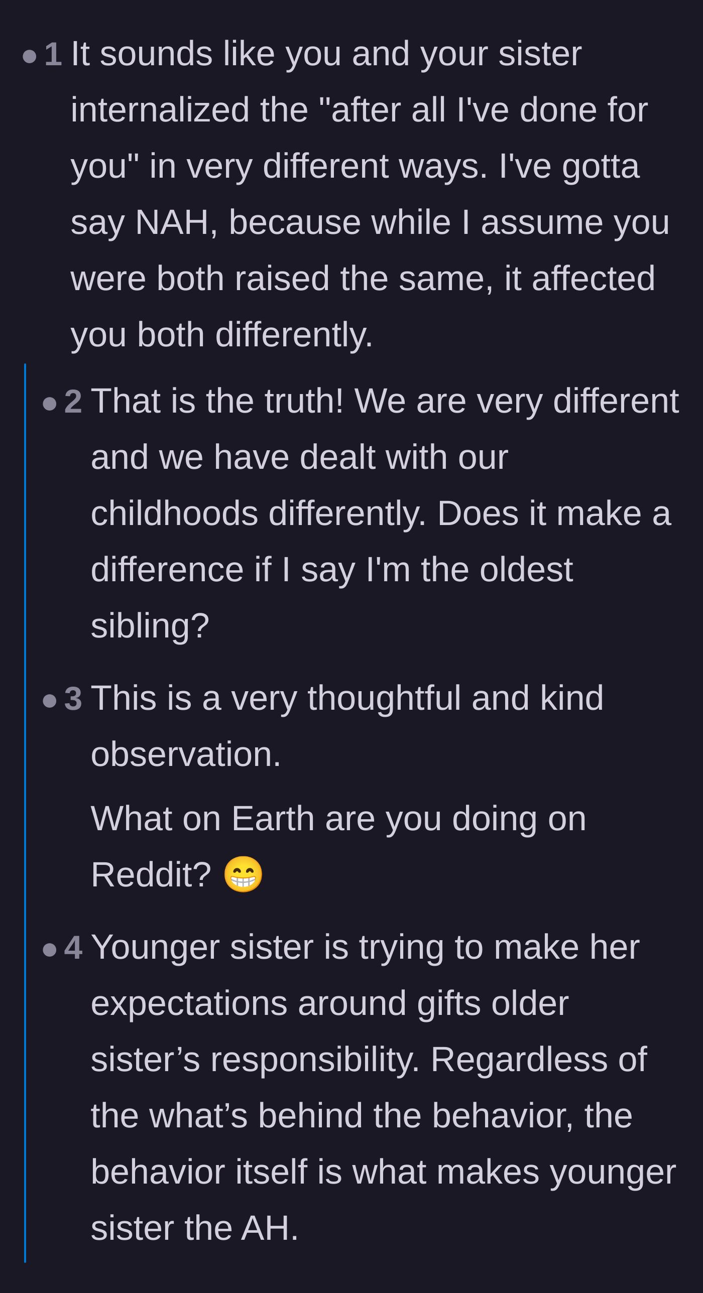 Comment thread 5 - A deep dive into how both sisters internalized their parents' toxic behavior in completely different ways.