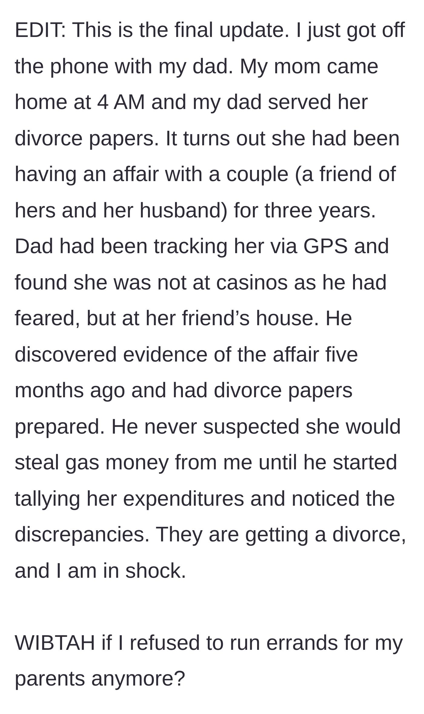 Story part 6 - Father serves divorce papers after revealing he tracked her GPS to uncover a three-year affair with a couple.