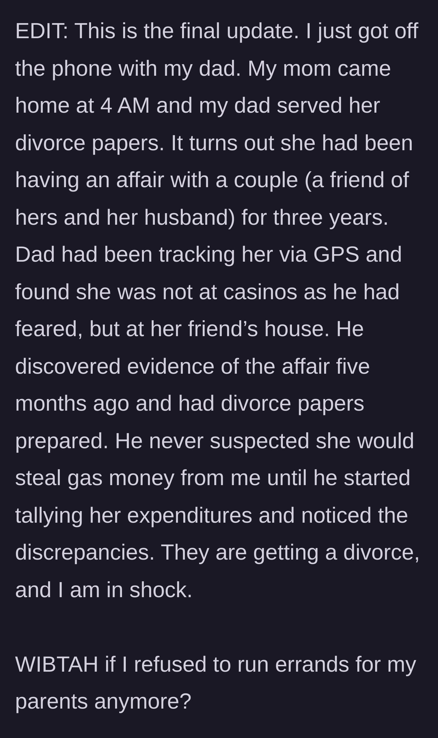 Story part 6 - Father serves divorce papers after revealing he tracked her GPS to uncover a three-year affair with a couple.