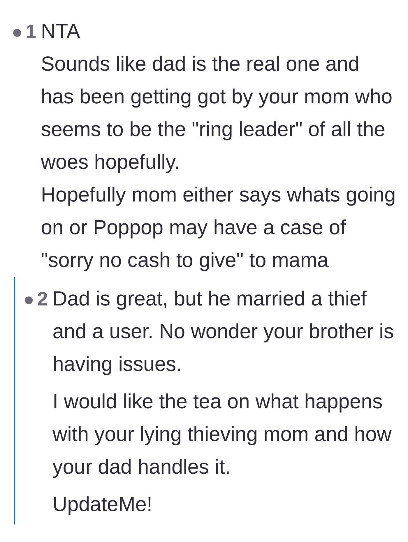 Comment thread 1 - Praising the father's response and labeling the mother as a thief while demanding updates.