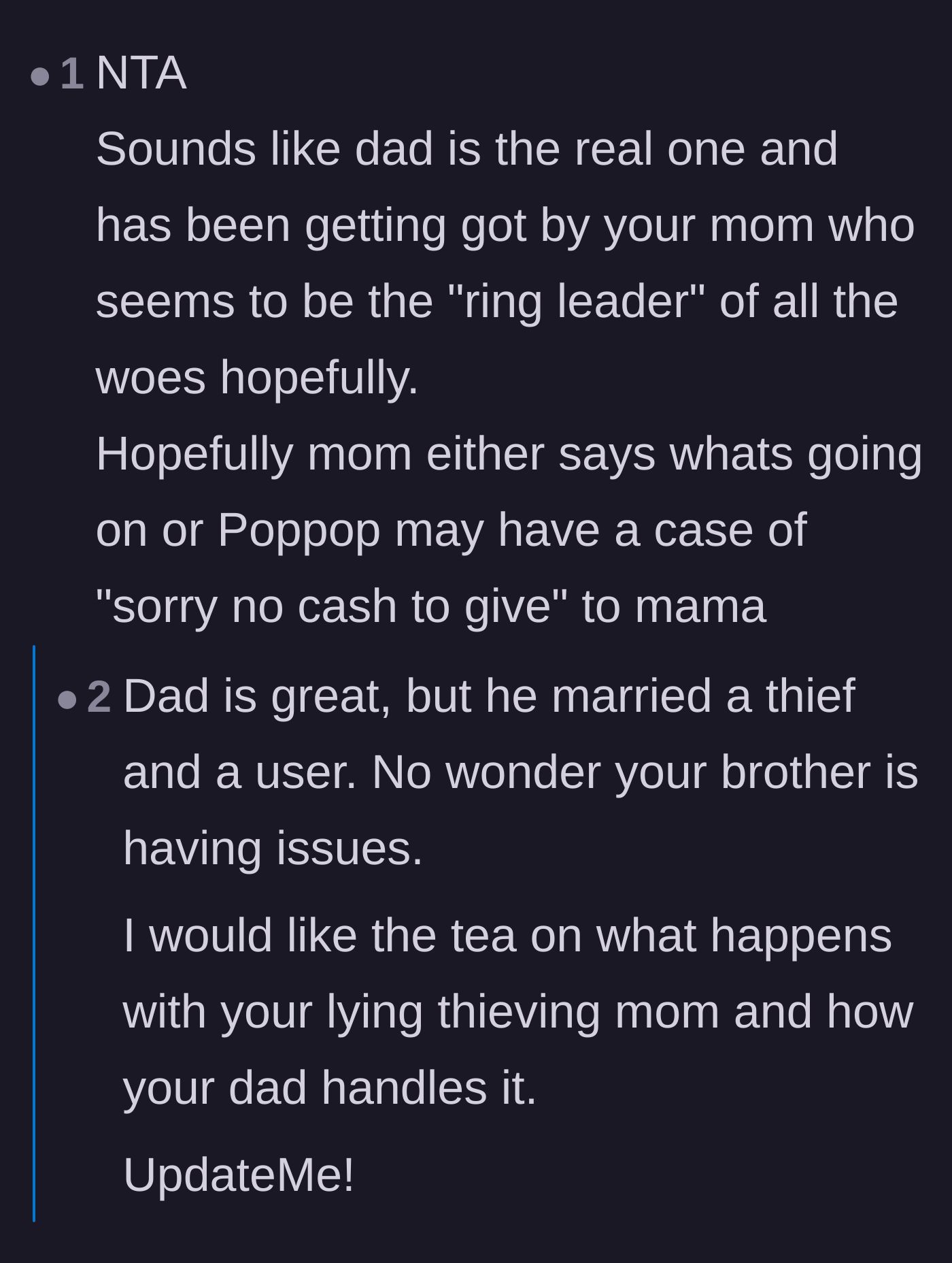 Comment thread 1 - Praising the father's response and labeling the mother as a thief while demanding updates.
