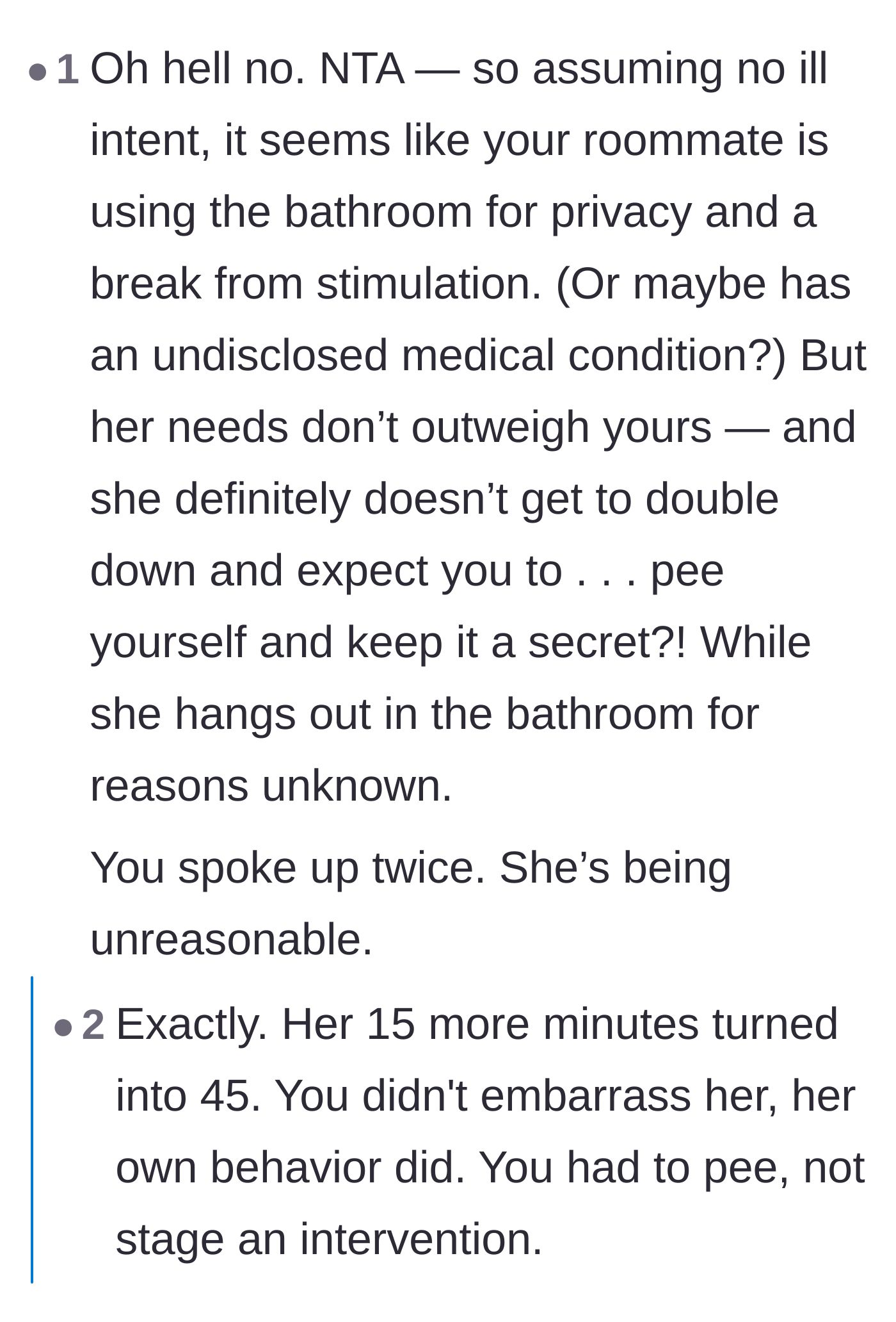 Comment thread 1 - Discussing how the roommate's need for a break doesn't override basic bodily functions.