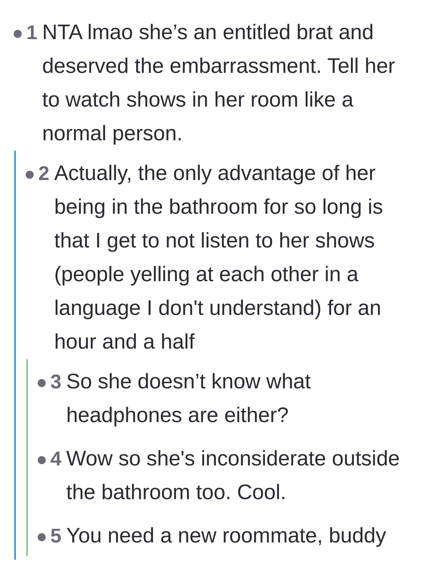 Comment thread 4 - Discovering the roommate is also inconsiderate with loud shows outside the bathroom.