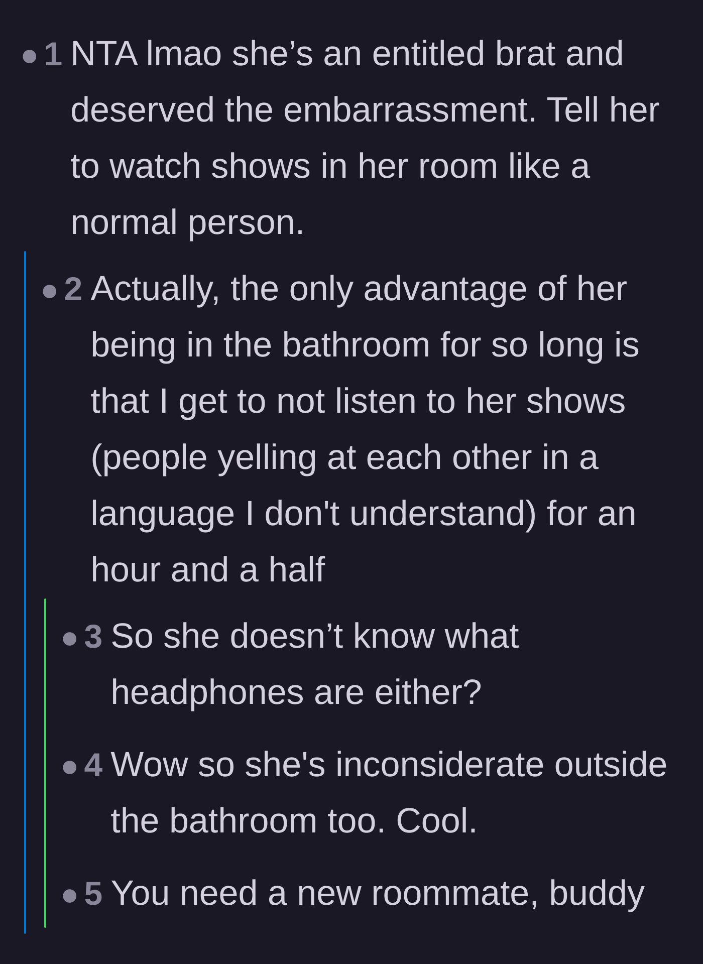 Comment thread 4 - Discovering the roommate is also inconsiderate with loud shows outside the bathroom.