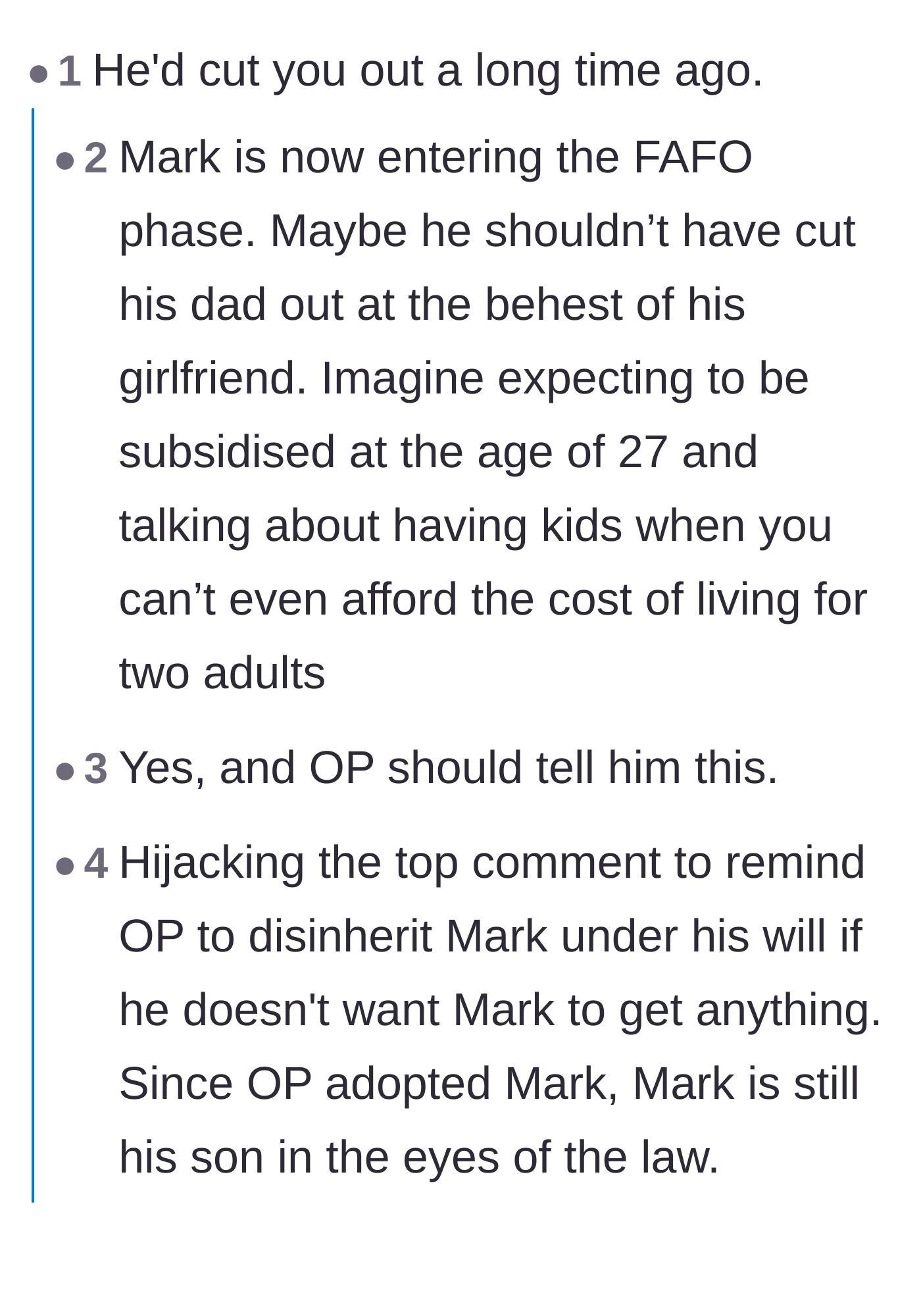 Comment thread 2 - Commentary noting that the son initiated the estrangement, alongside legal advice to update the stepfather's will.