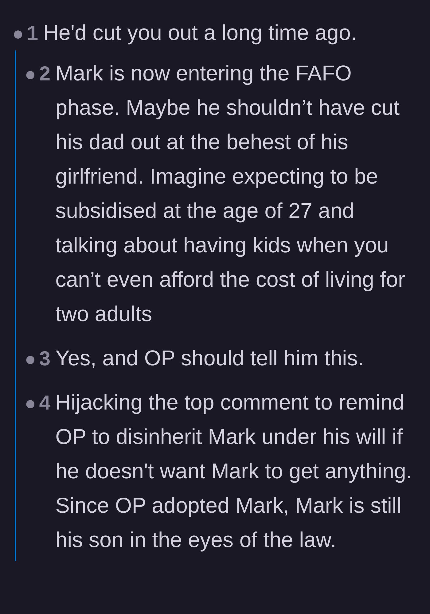 Comment thread 2 - Commentary noting that the son initiated the estrangement, alongside legal advice to update the stepfather's will.