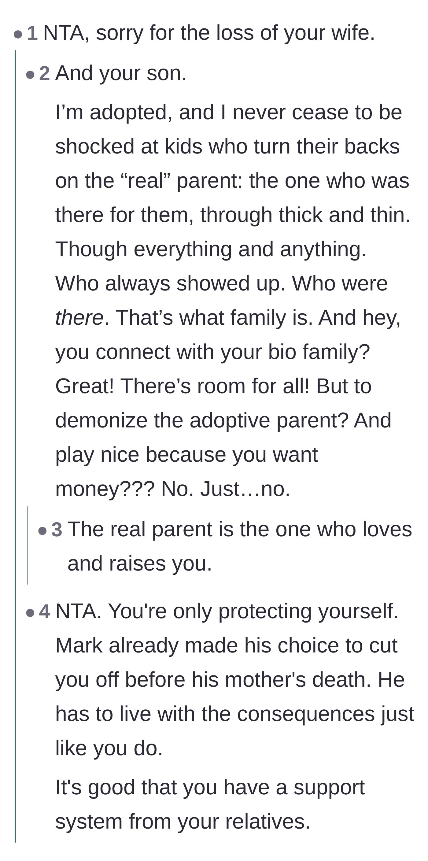 Comment thread 3 - An adoptee sharing their perspective on the importance of honoring the parent who actually showed up and raised you.