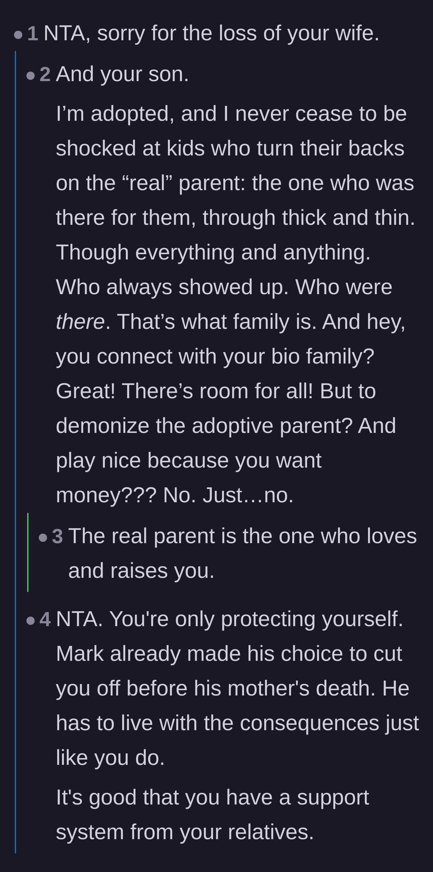 Comment thread 3 - An adoptee sharing their perspective on the importance of honoring the parent who actually showed up and raised you.