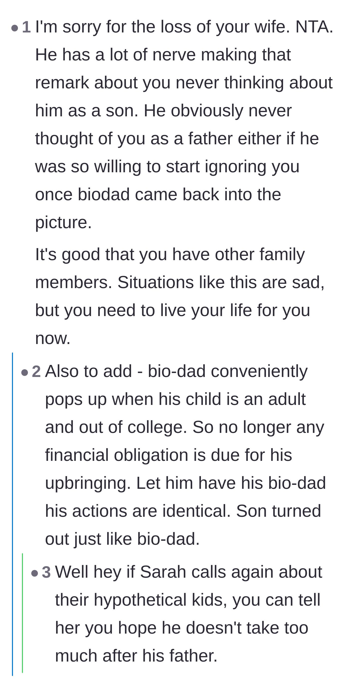 Comment thread 5 - Commentary analyzing the hypocrisy of the son's accusations and the highly convenient timing of the biological father's return.