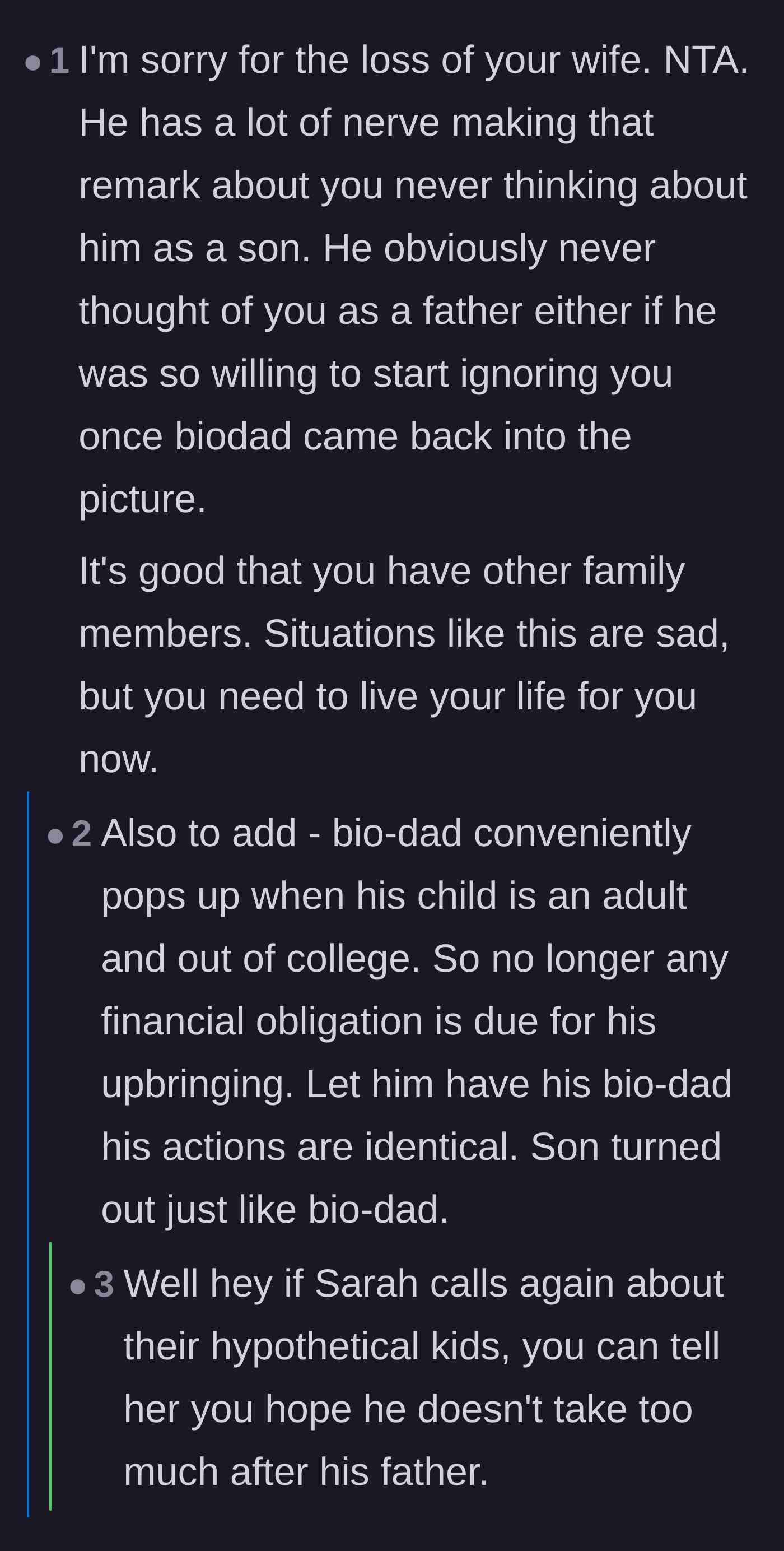 Comment thread 5 - Commentary analyzing the hypocrisy of the son's accusations and the highly convenient timing of the biological father's return.