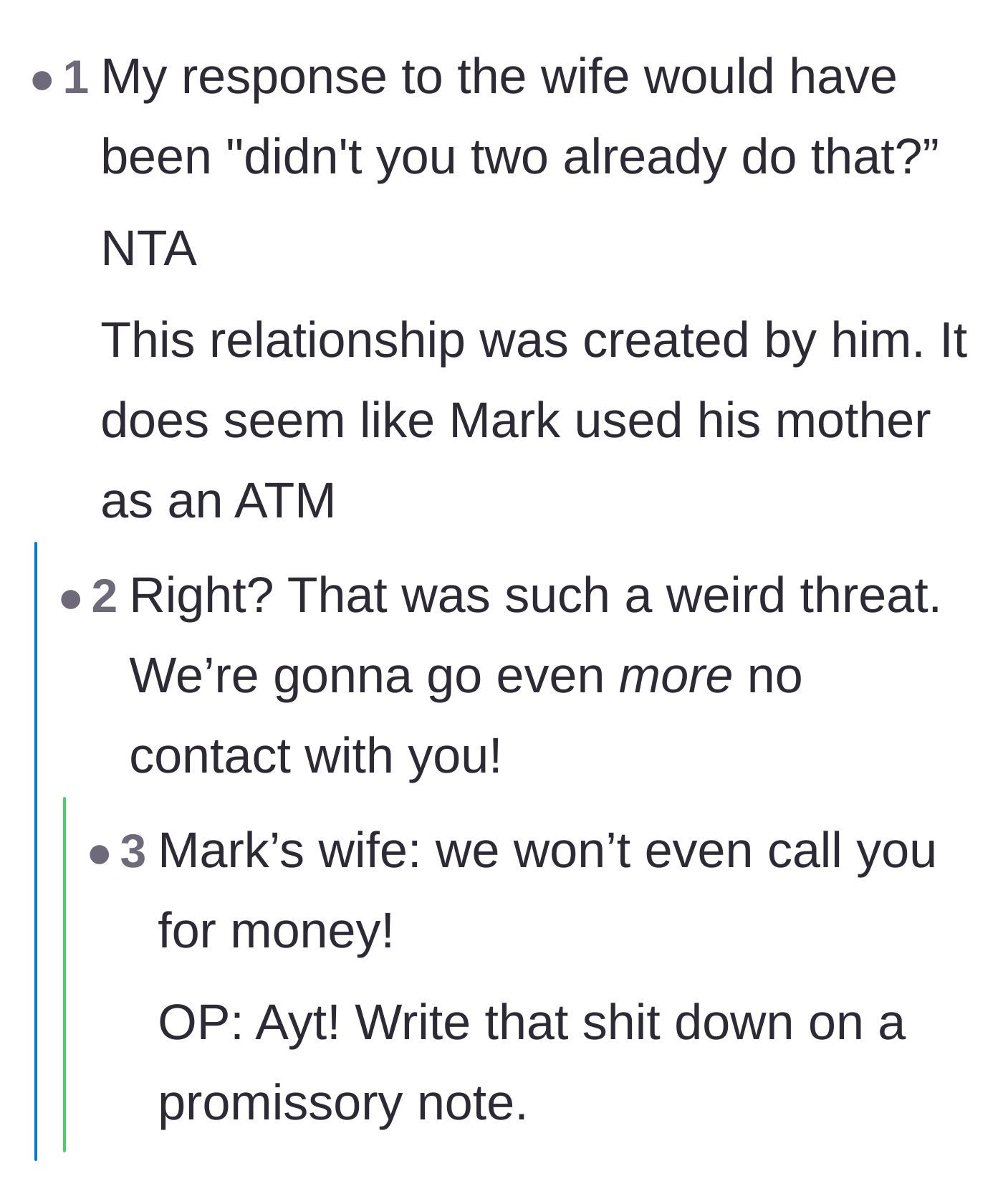 Comment thread 6 - Readers mocking the daughter-in-law's empty threat to cut the stepfather out of their lives when they already had.