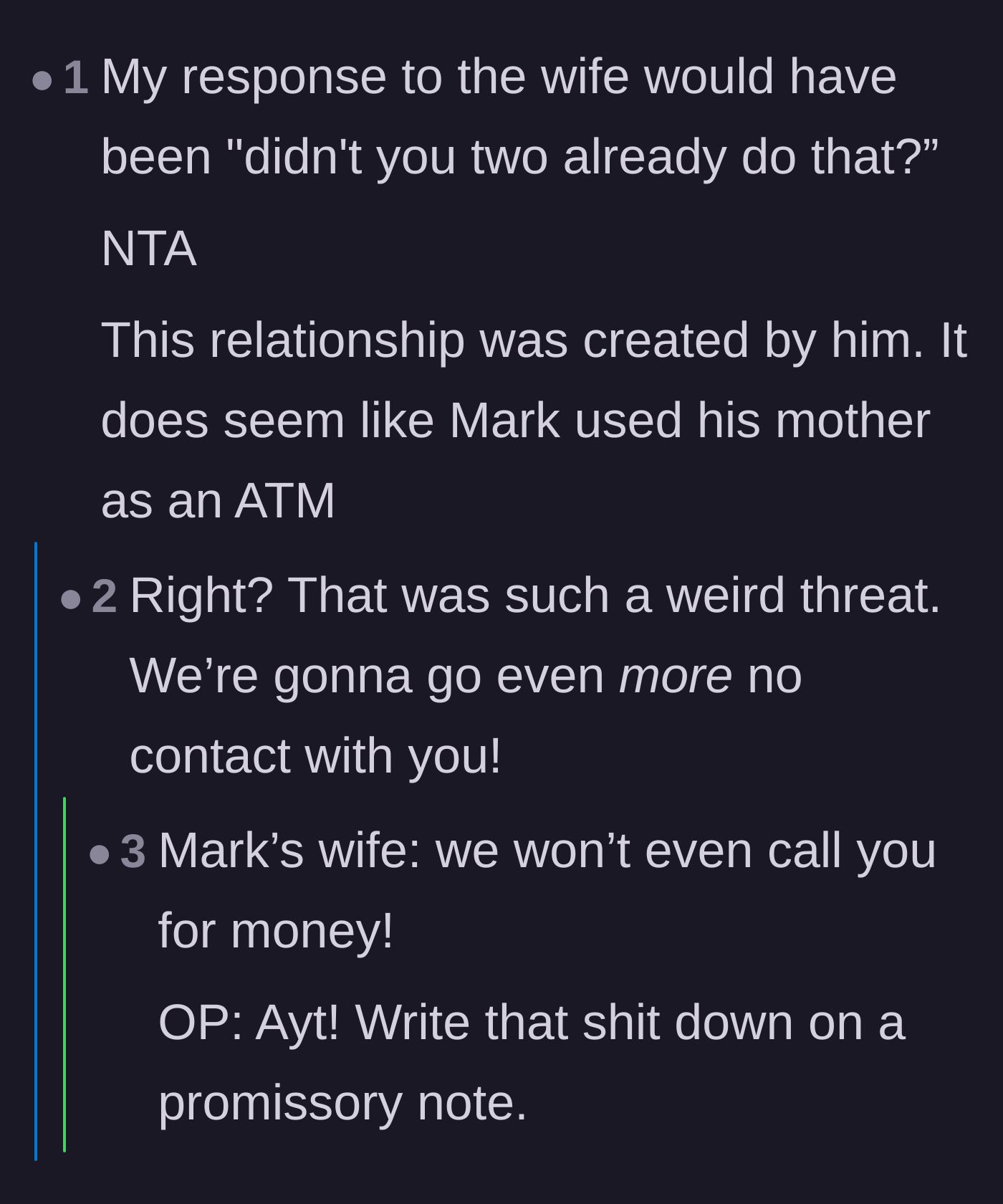 Comment thread 6 - Readers mocking the daughter-in-law's empty threat to cut the stepfather out of their lives when they already had.
